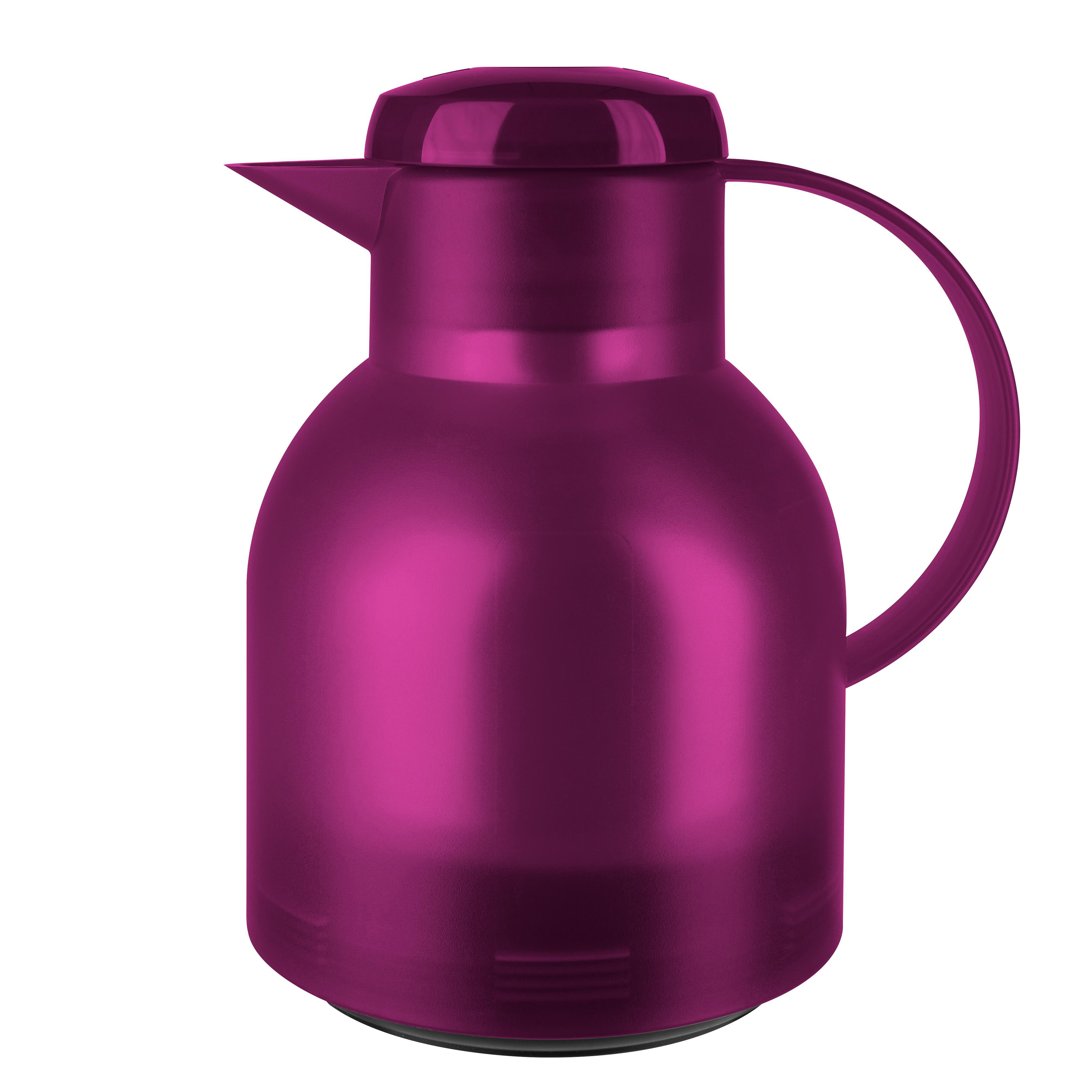 Eine pinkfarbene isolierte Thermoskanne mit Henkel, weißer Hintergrund.