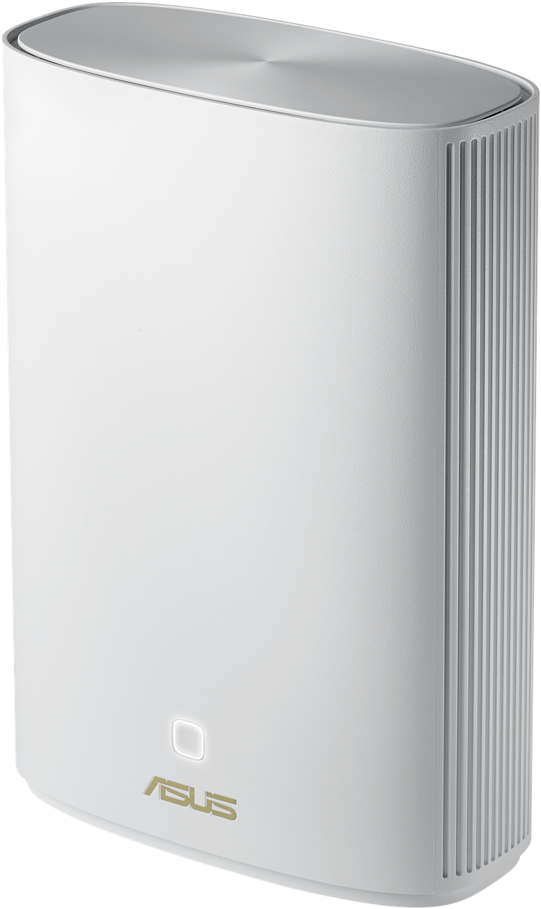 Routeur sans fil blanc. Design vertical et haut. Possède un petit logo ASUS en bas.