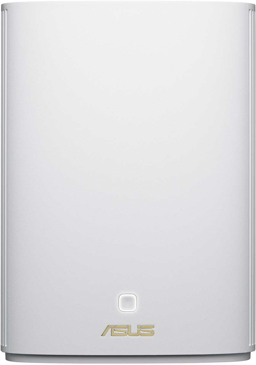 Appareil blanc cylindrique avec logo ASUS doré et une petite lumière.