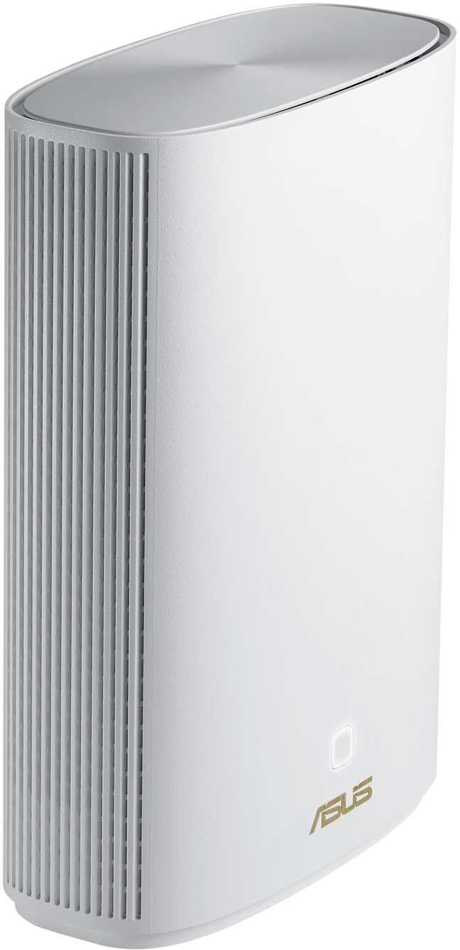 Routeur blanc avec logo ASUS doré. Design vertical avec côté nervuré.