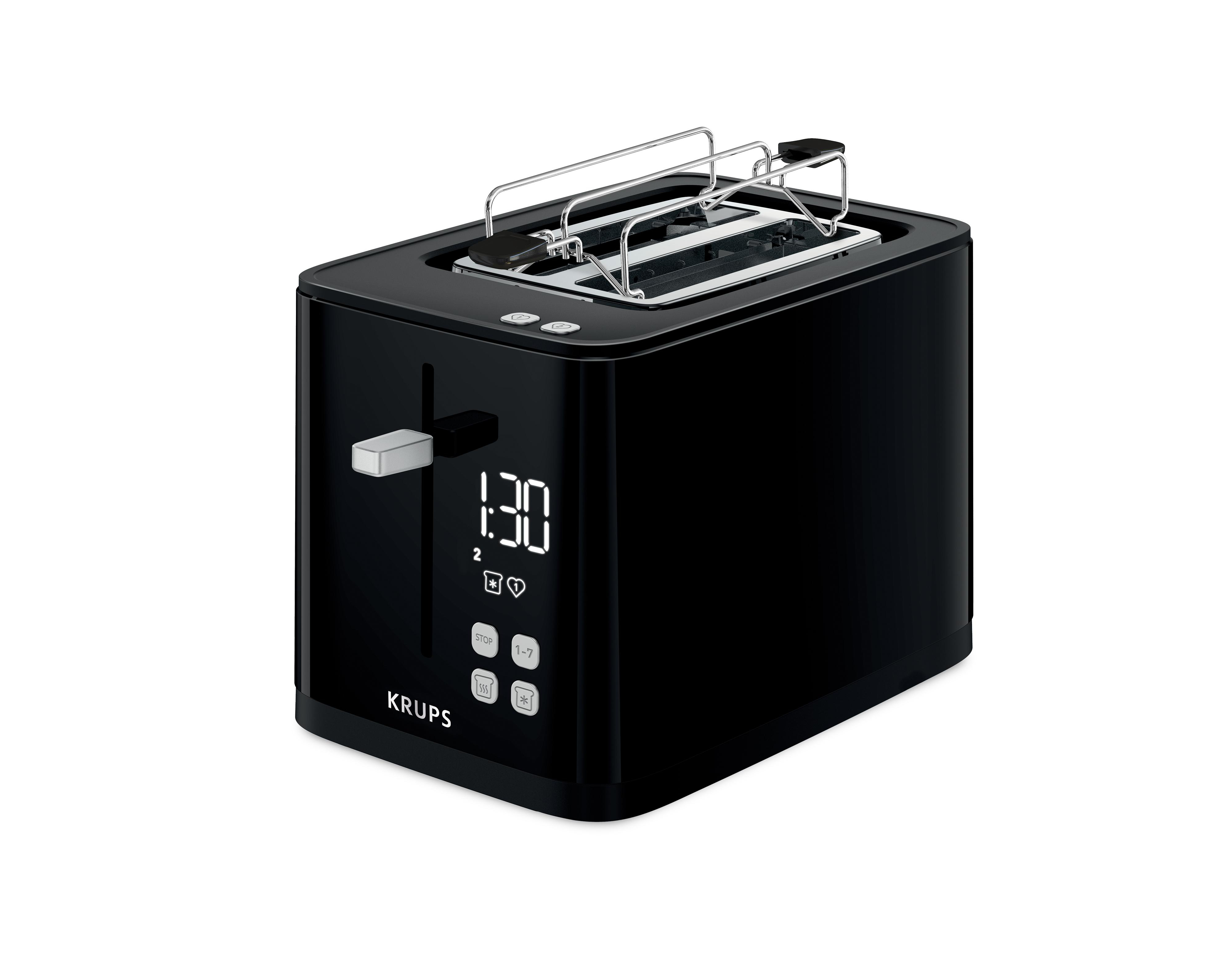 Ein schwarzer KRUPS-Toaster mit digitaler Anzeige, die die Einstellung 1:30 zeigt. Knöpfe sind unterhalb der Anzeige sichtbar.