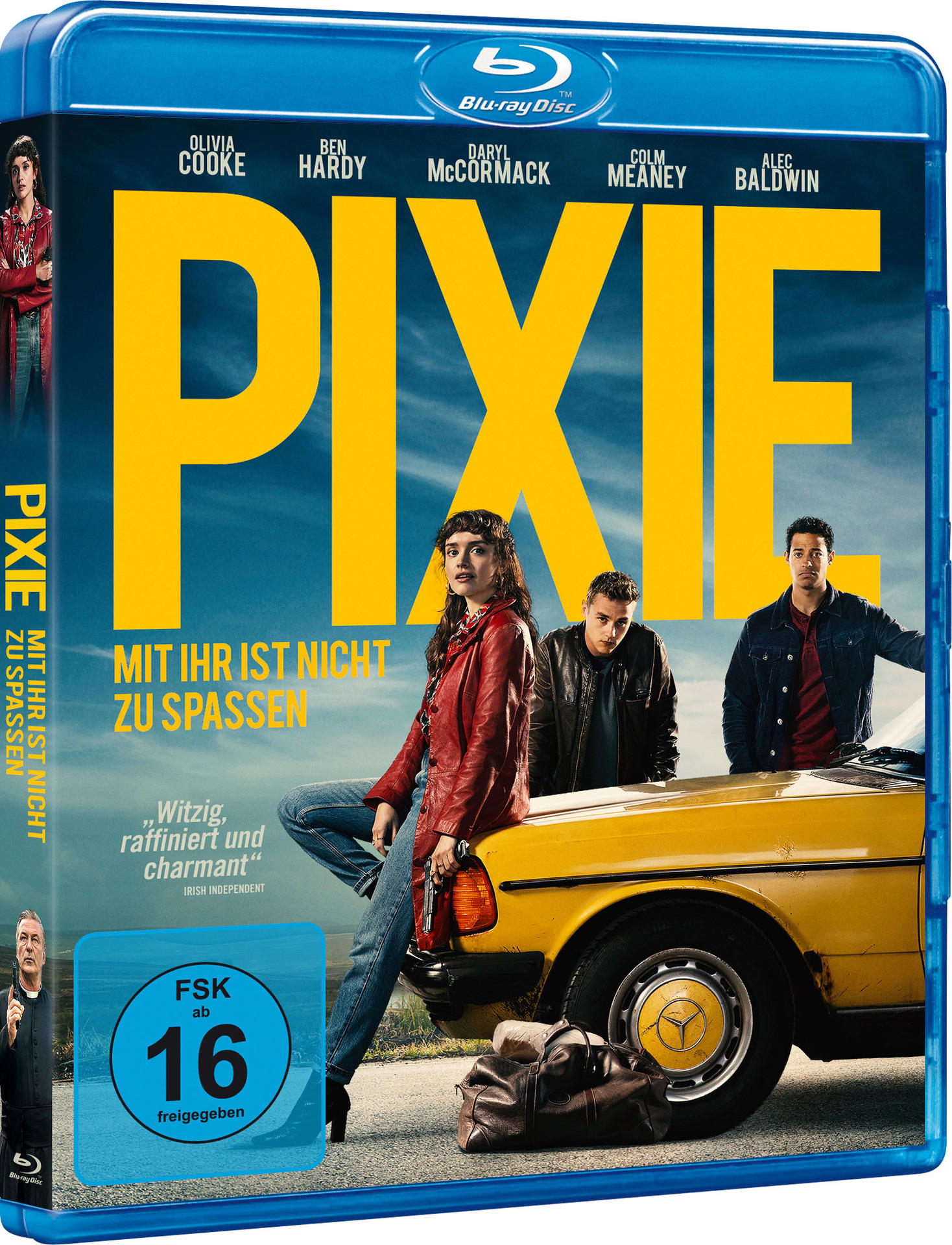 Filmcover mit einer Frau in roter Jacke neben einem gelben Auto.