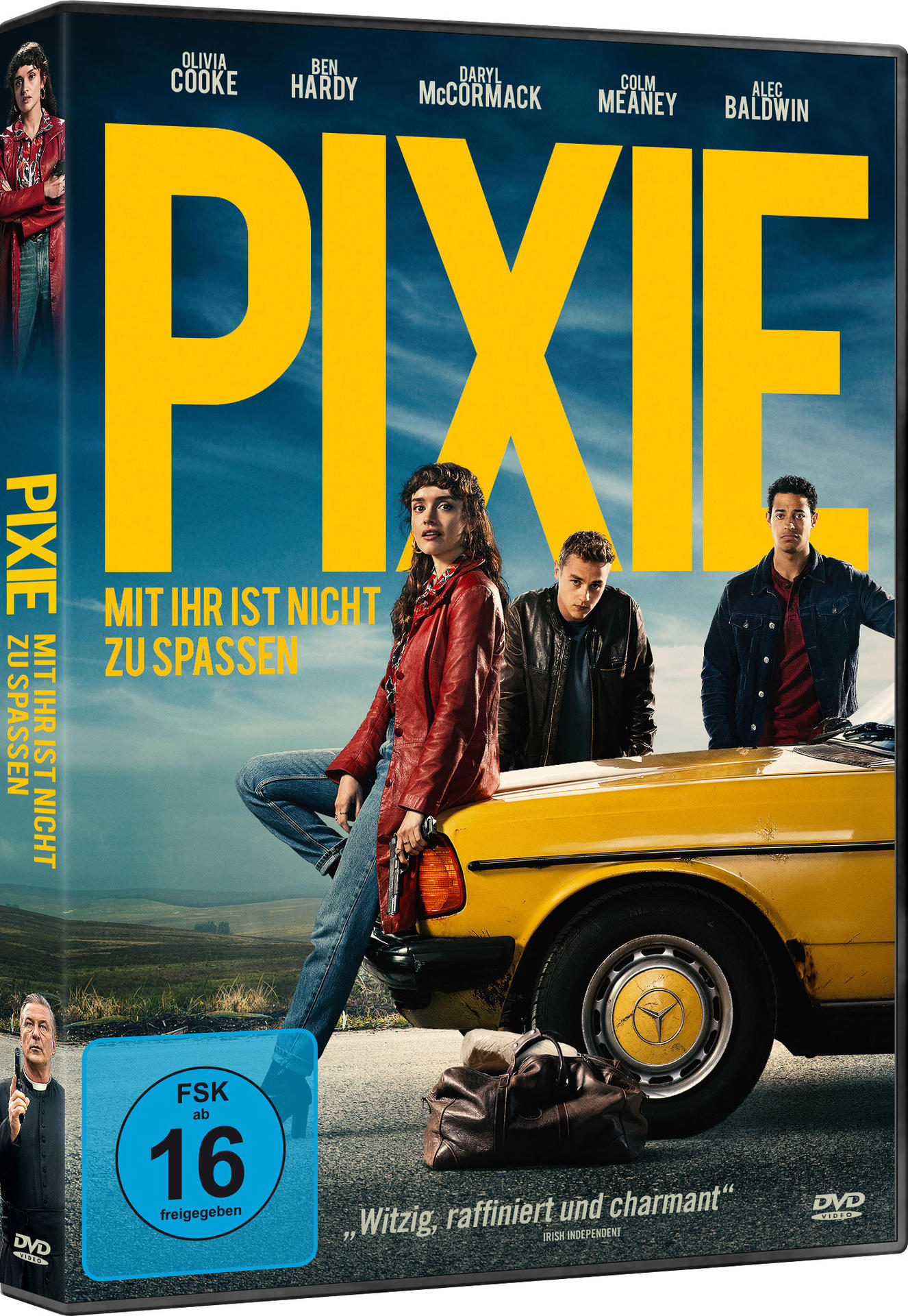 Filmcover: PIXIE, eine Frau in roter Jacke und ein Auto. Namen der Schauspieler und Bewertungsinformationen.
