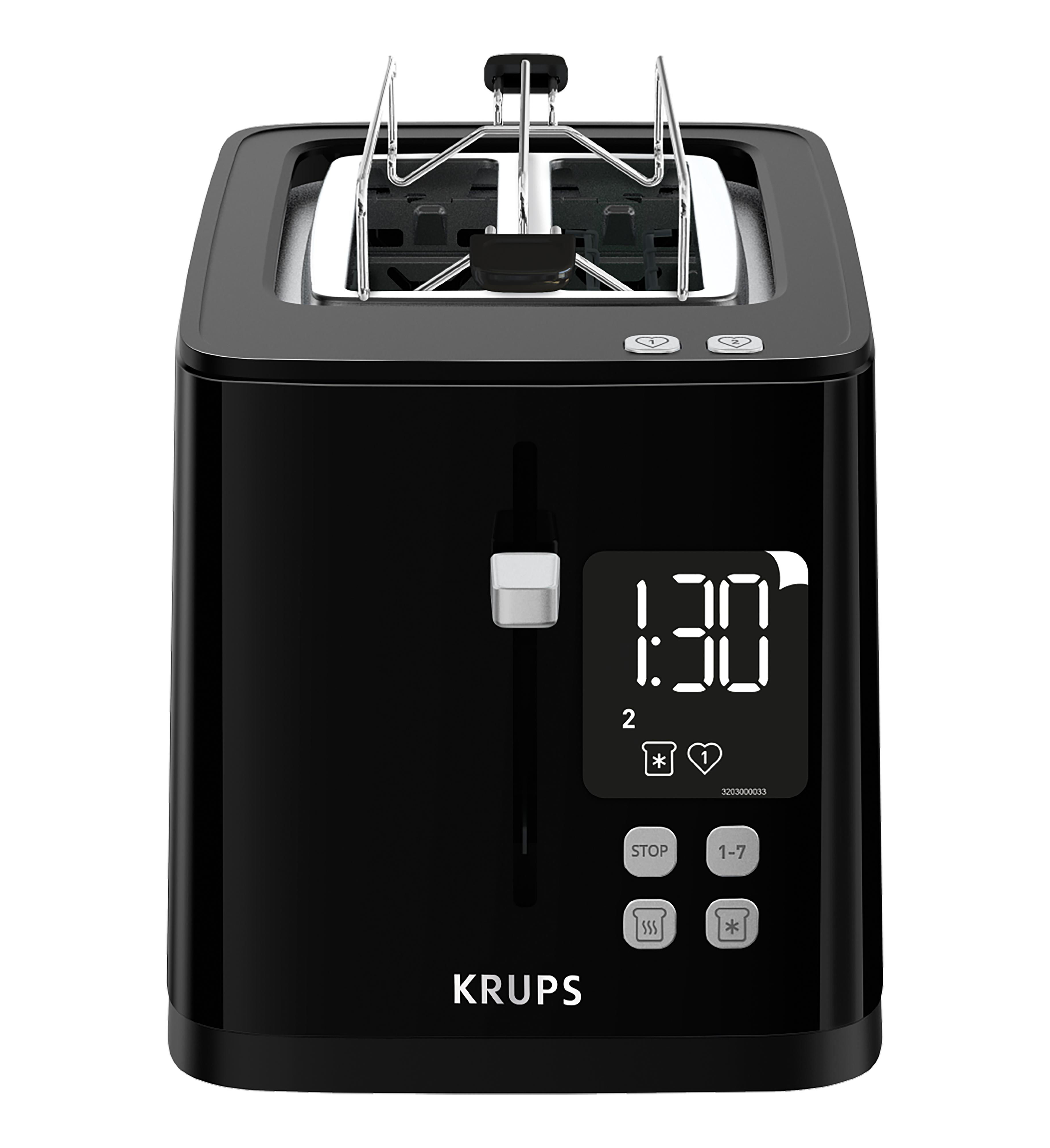 Schwarzer Toaster mit Digitalanzeige, die 1:30 anzeigt.