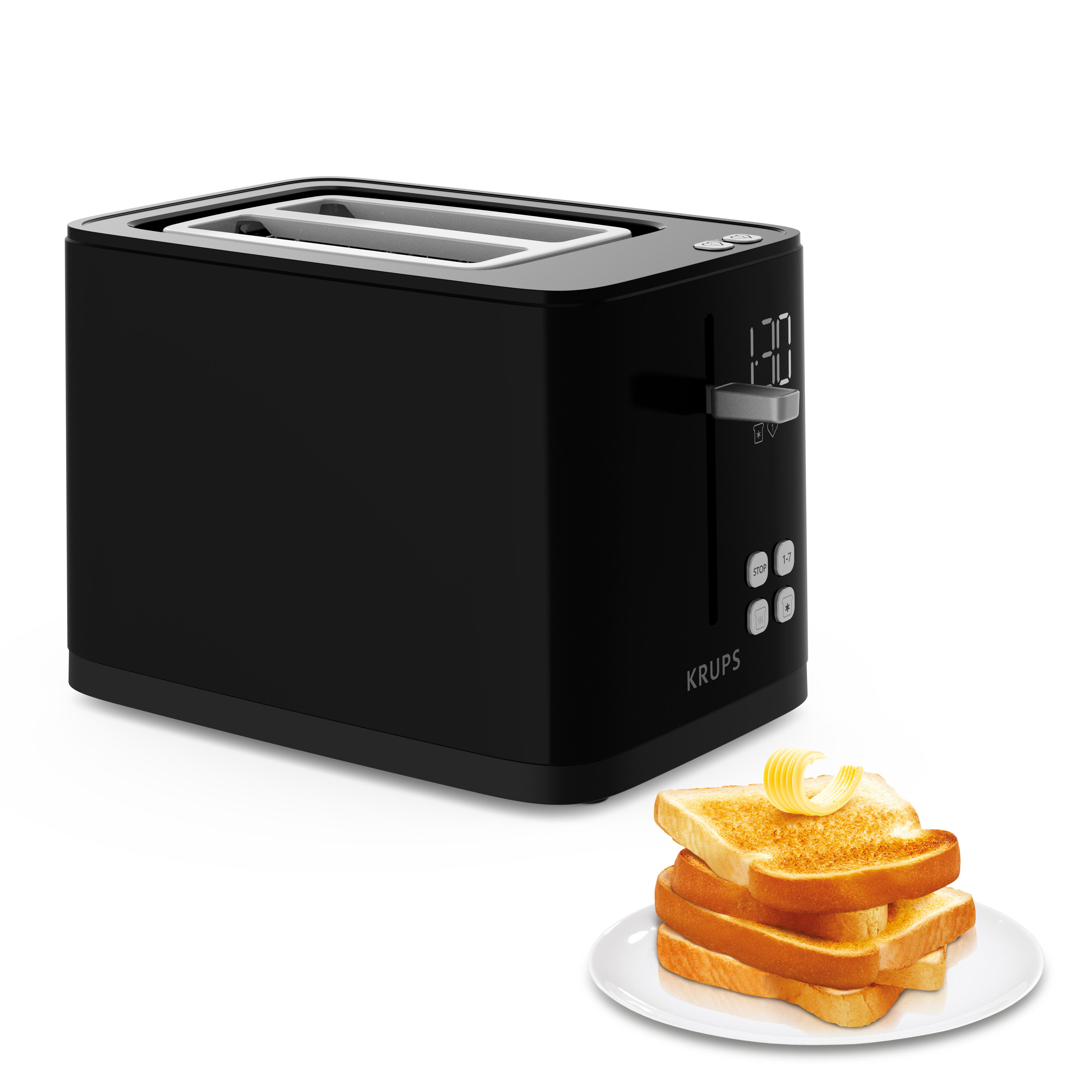 Schwarzer Krups Toaster mit Toast und Butter, auf Weiß.