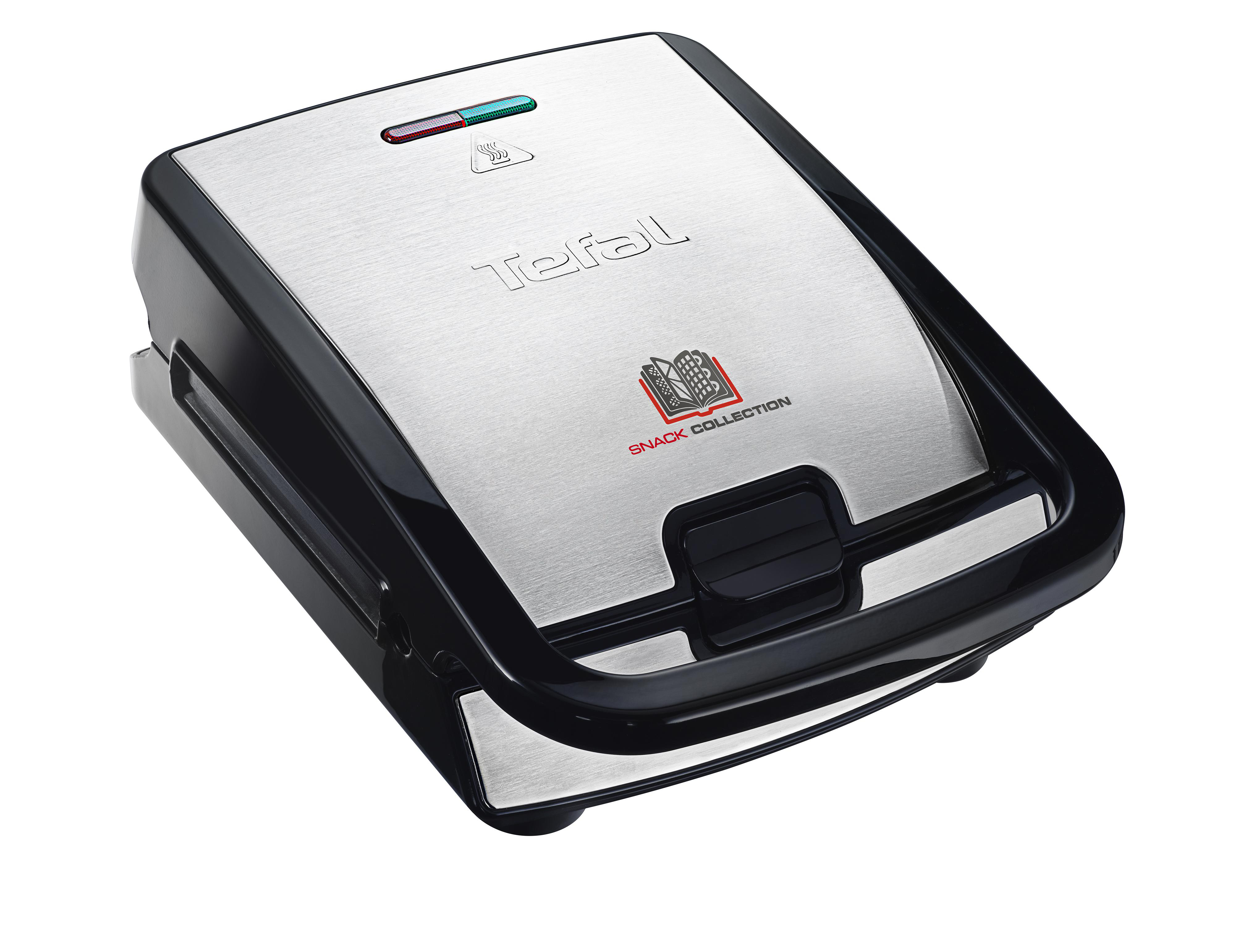 Tefal Snack Collection Maschine, schwarz und silber, mit geschlossenem Deckel.