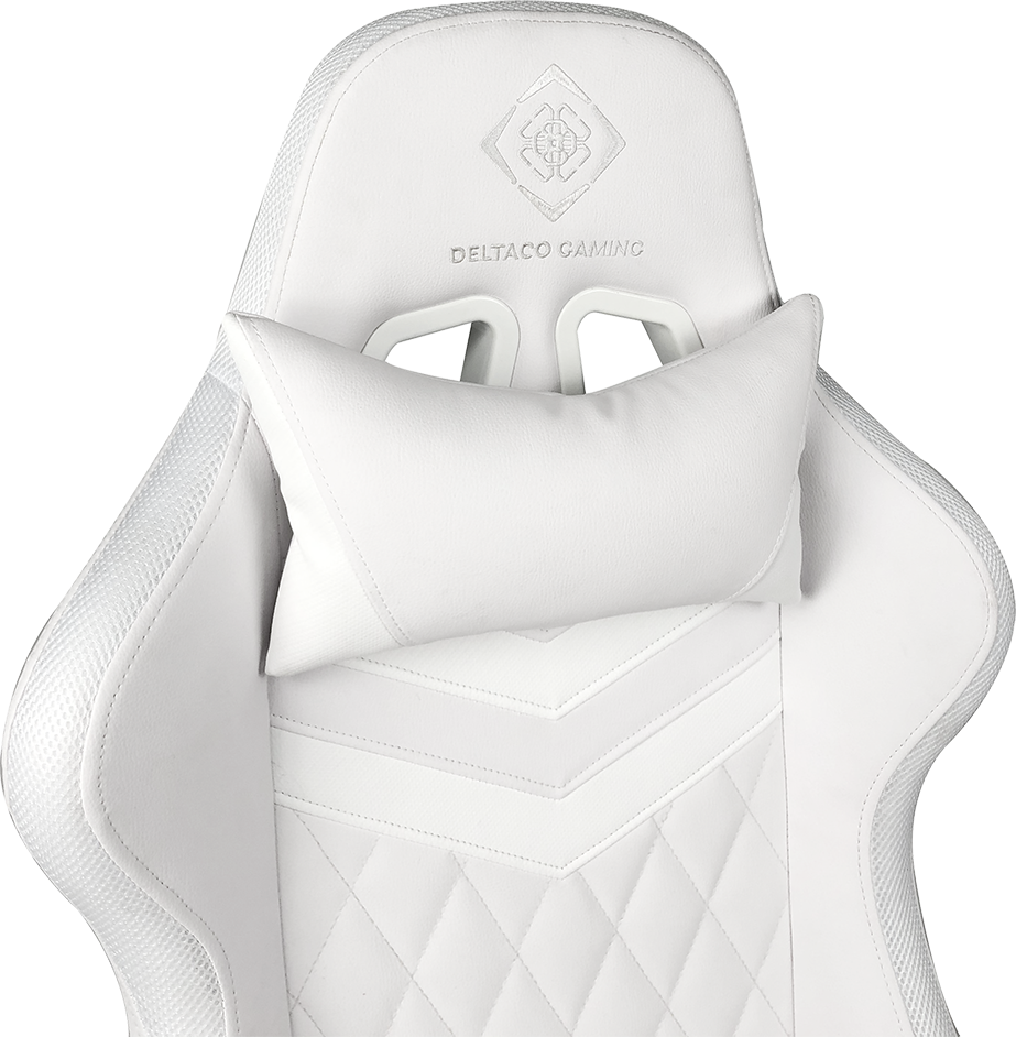 Chaise de jeu blanche avec un oreiller. Le logo est au dos.