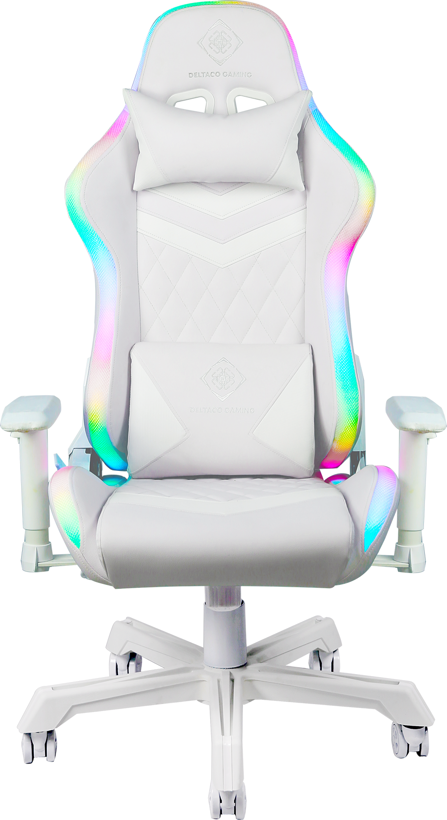 Chaise de jeu blanche avec des lumières colorées. Elle a un oreiller et le logo Deltaco Gaming.