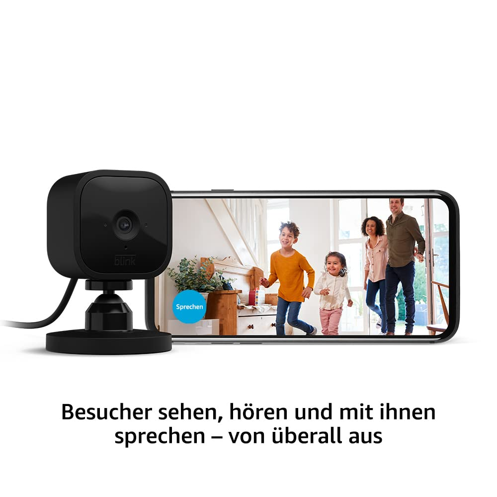 Blink-Überwachungskamera mit Familie auf dem Telefonbildschirm, Text: Sehen und sprechen.