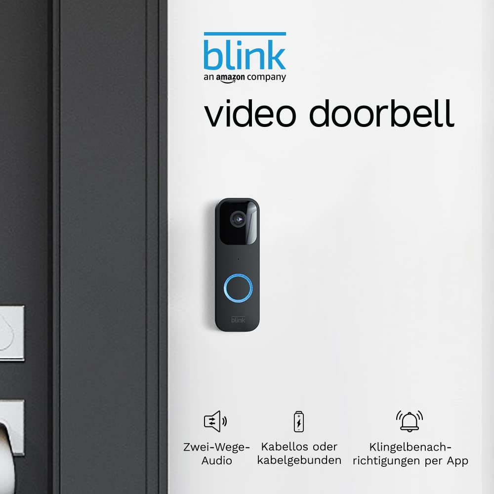 Blink Video-Türklingel an der Wand mit unten aufgeführten Funktionen.