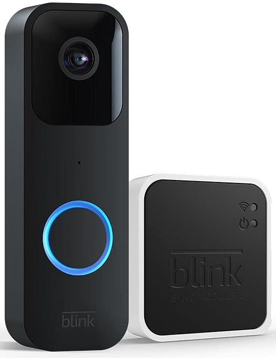 Schwarze Türklingel mit blauem Lichtring und ein weißes Sync-Modul. Beide haben das 'blink'-Logo.