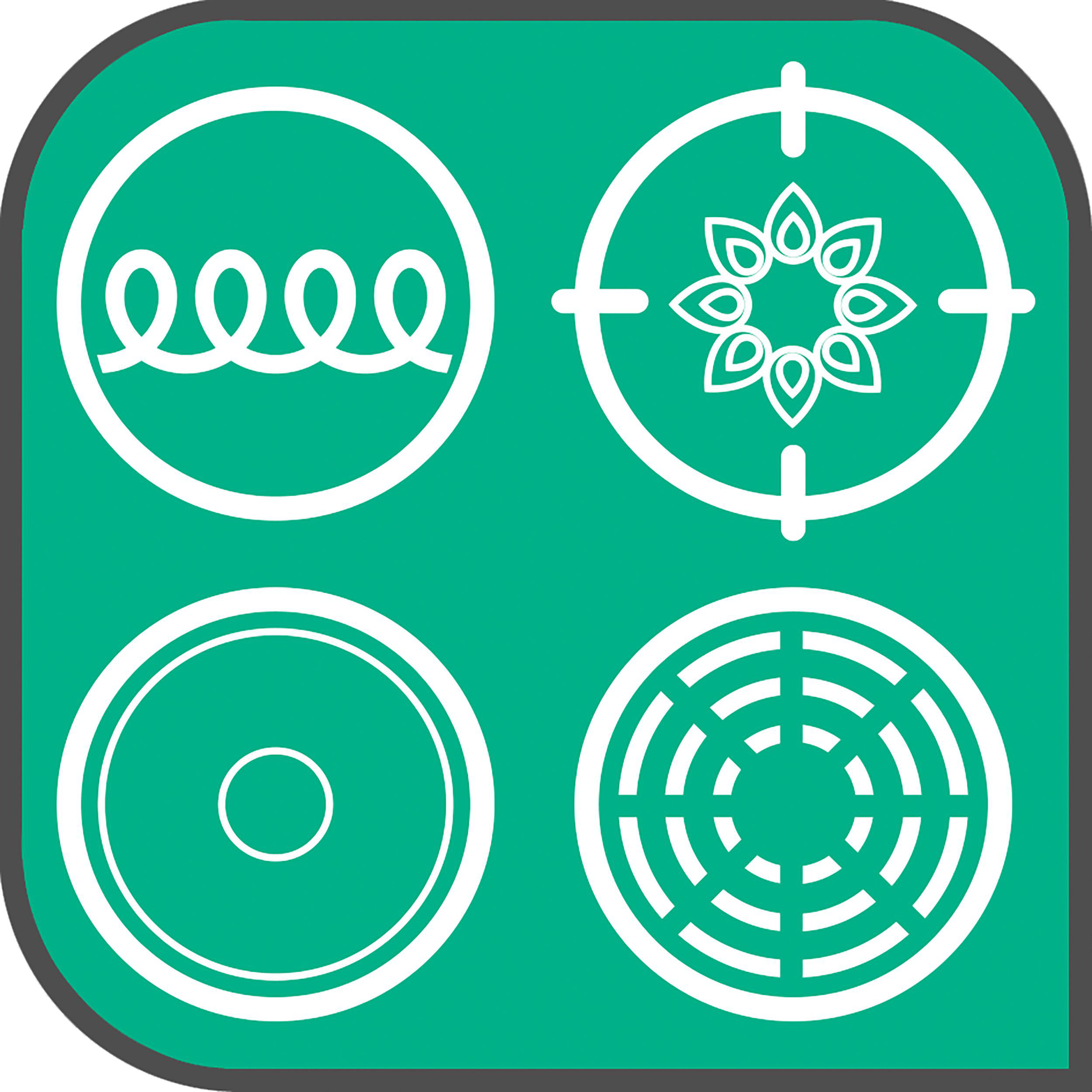Vier weiße Symbole in einem grünen Quadrat, die eine Feder, ein Ziel, einen Kreis und einen Ventilator darstellen.