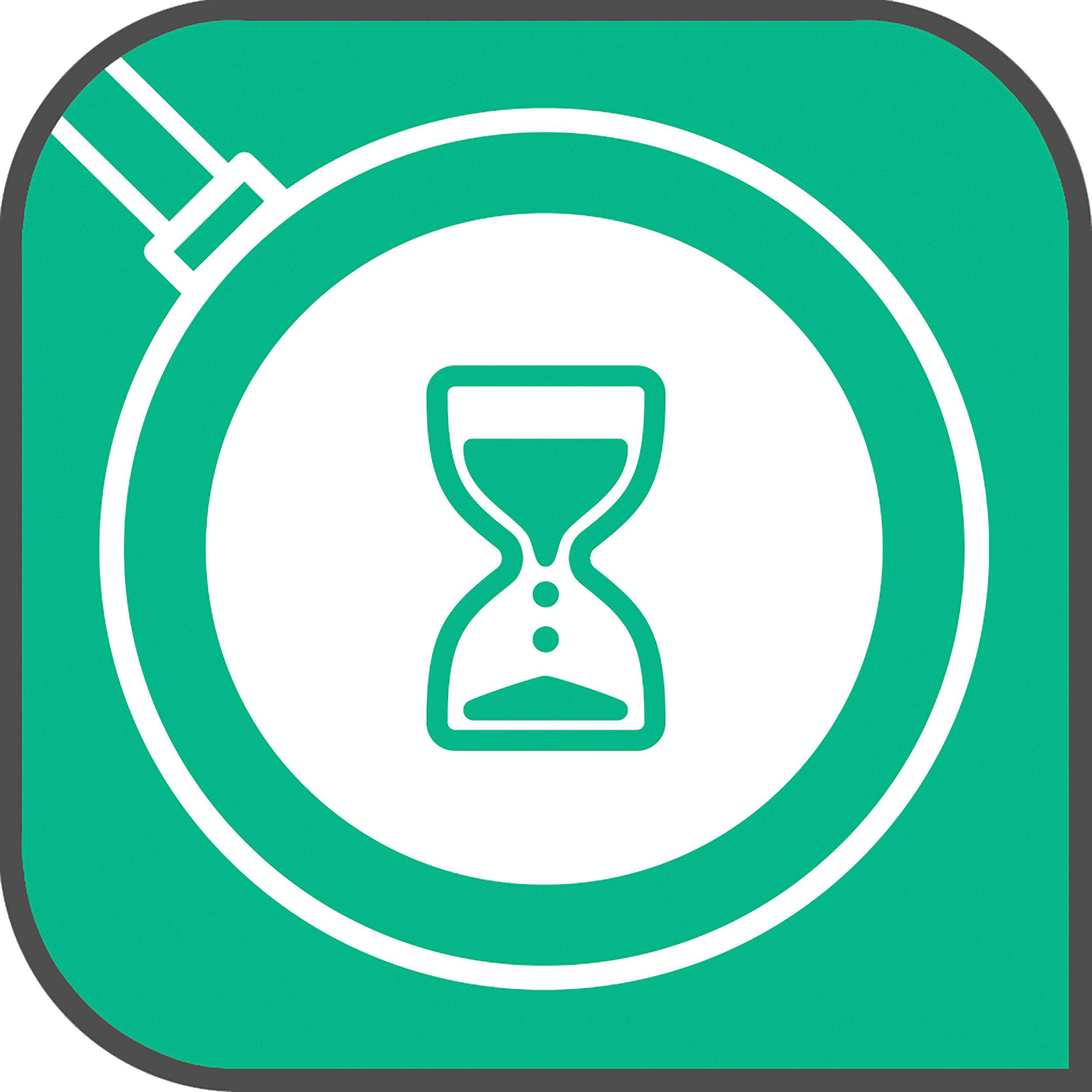 Sanduhr-Symbol in einer Lupe auf grünem Hintergrund.
