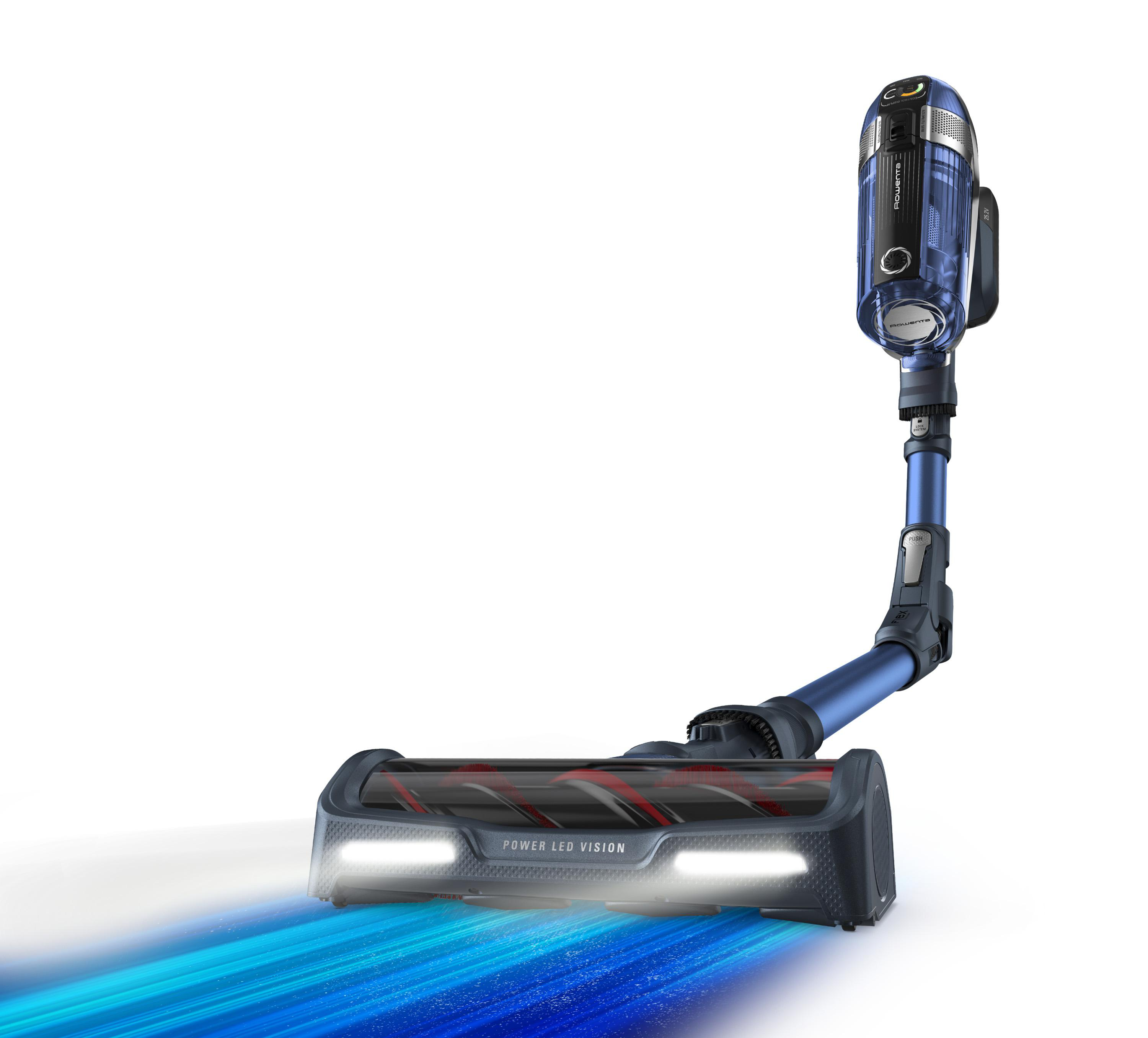 Kabelloser Staubsauger mit blauem und schwarzem Design und LED-Leuchten. Weißer Hintergrund.