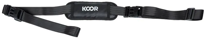 Cintura di sicurezza nera con parte centrale imbottita, con marchio "KOOR" e due fibbie nere.