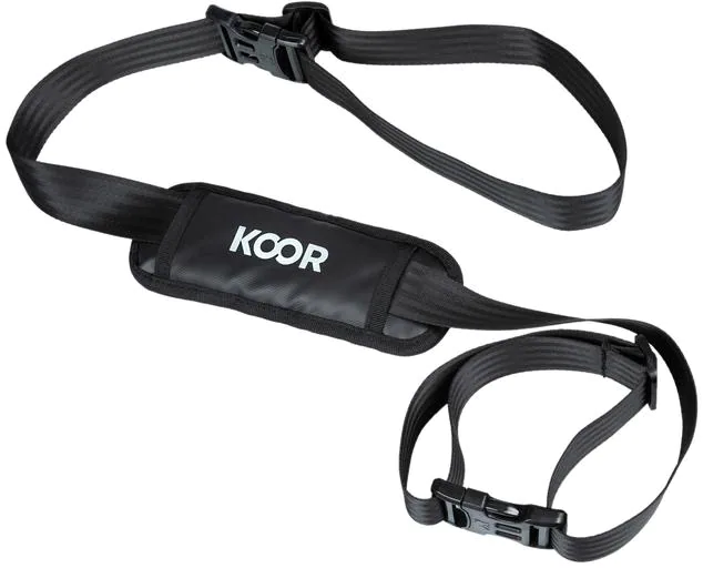 Cintura di sicurezza nera con protezione per le spalle imbottita con la scritta 'KOOR'.