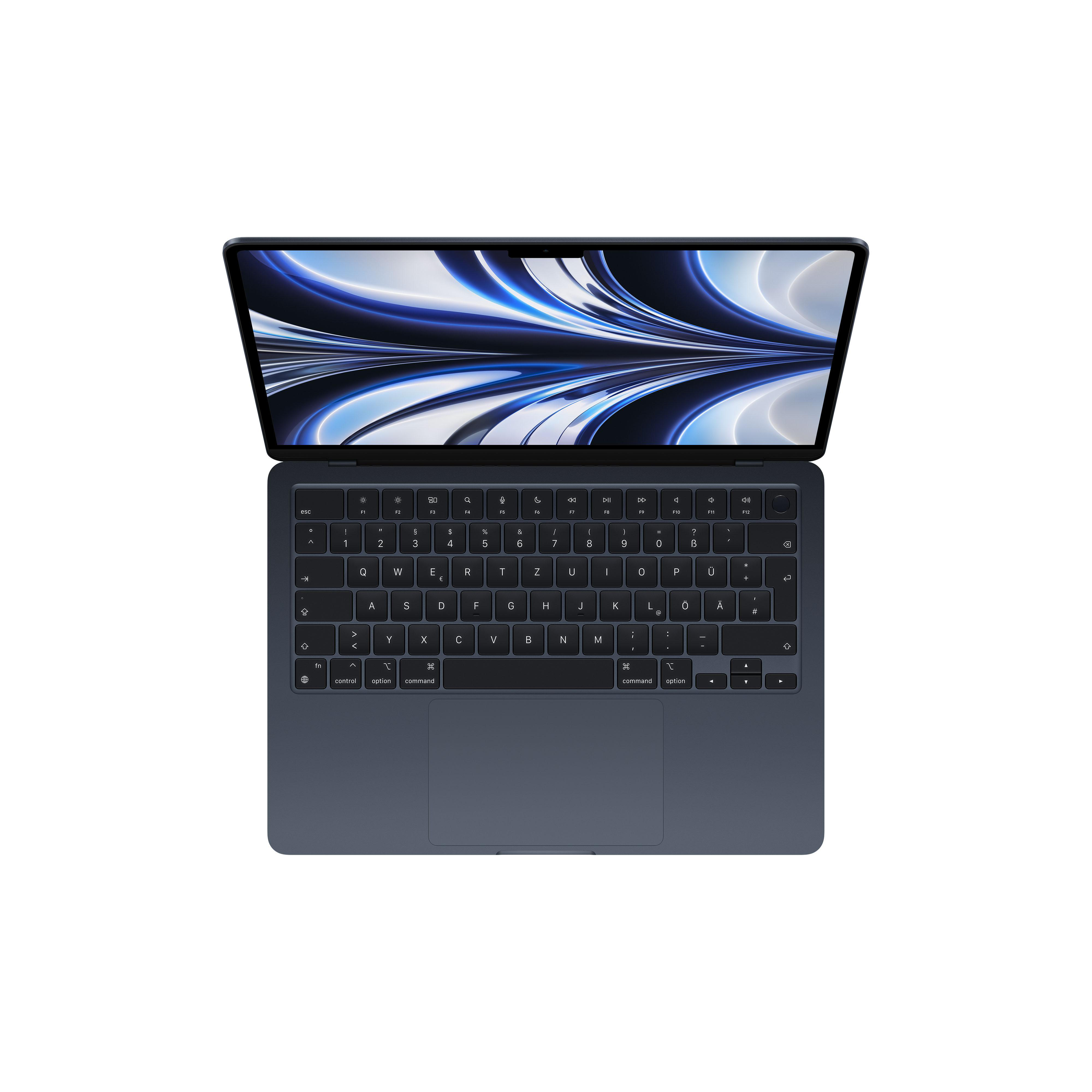 Draufsicht auf einen dunkelblauen Laptop mit offenem Bildschirm und Tastatur.