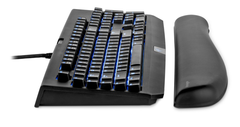 Fekete ergonomikus billentyűzet kék háttérvilágítású billentyűkkel és fekete csuklótámasszal fehér háttéren.