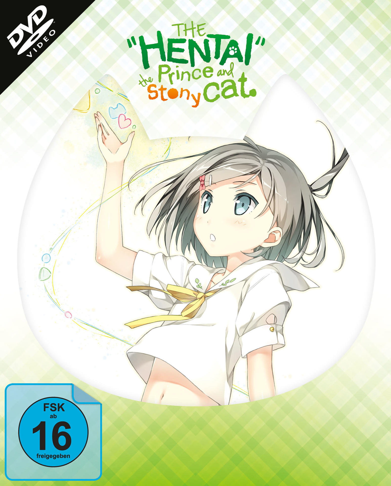 Anime-DVD-Cover: Mädchen mit katzenförmigem Hintergrund, japanischer Text.