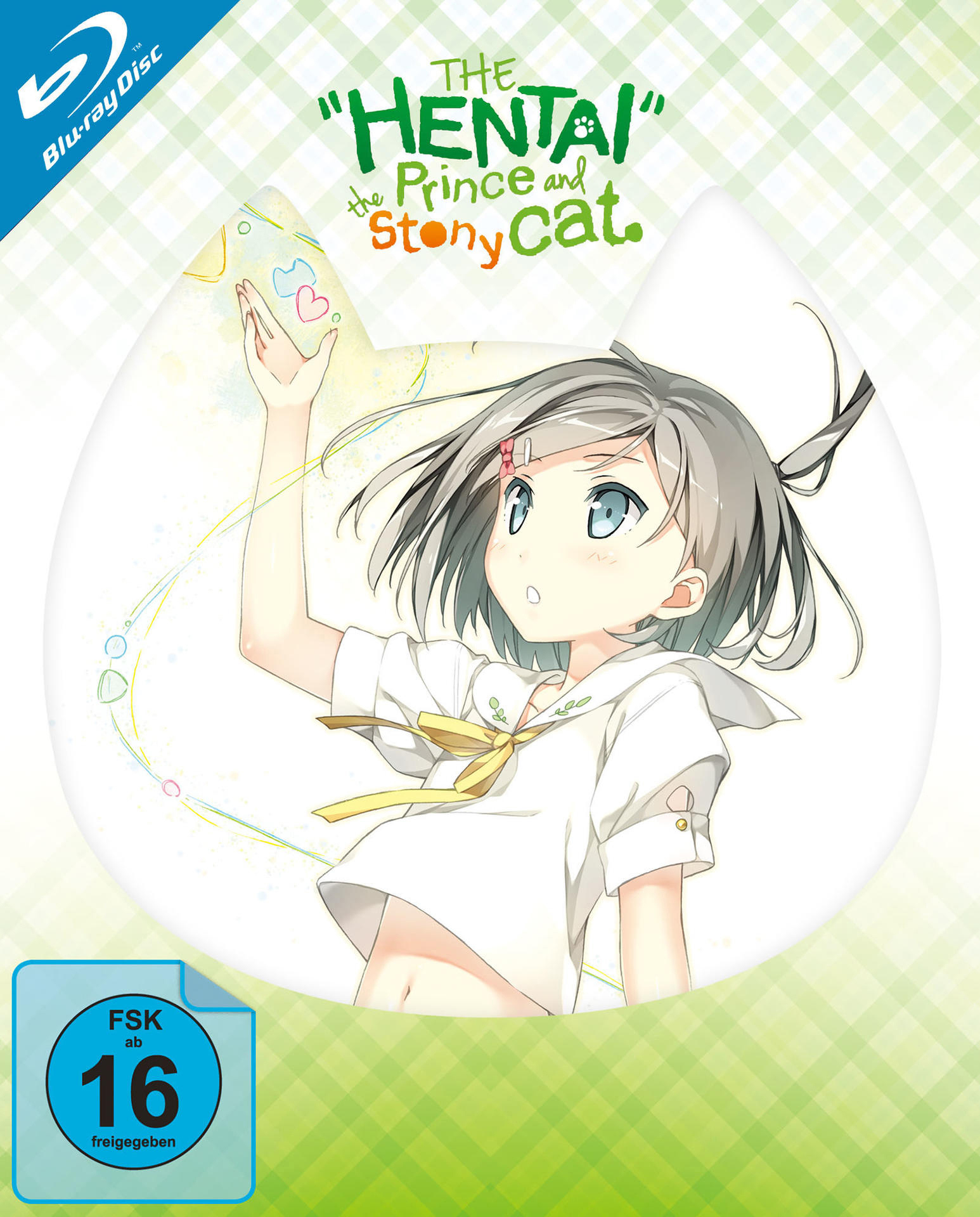 Blu-ray-Cover-Art eines Anime-Mädchens mit katzenförmigem Hintergrund. Der Titel lautet 'The Hentai Prince and the Stony Cat'.