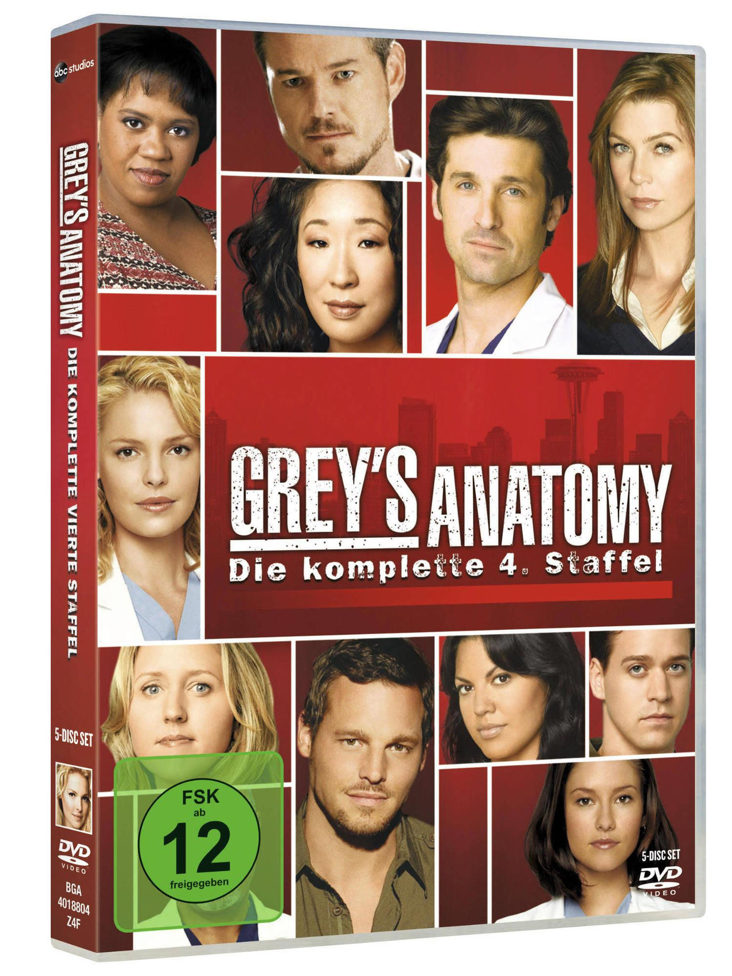 DVD-Cover für 'Grey's Anatomy' Staffel 4. Fotos der Darsteller und Serientitel in Rot.