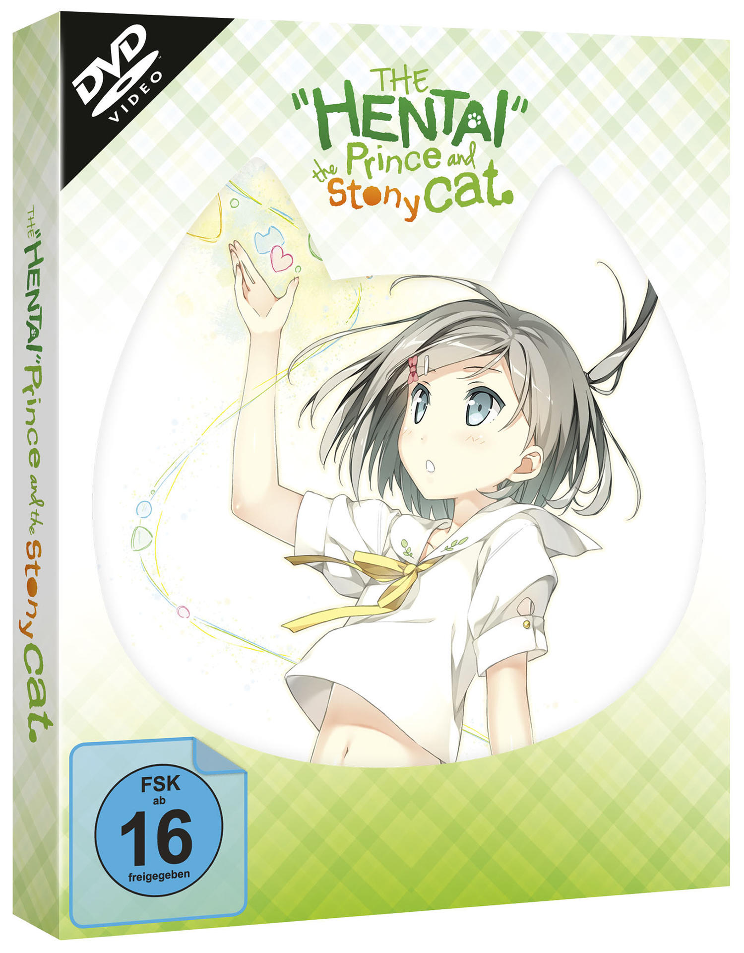 DVD-Cover von 'The Hentai Prince and the Stony Cat'. Anime-Mädchen und Text auf der Box.
