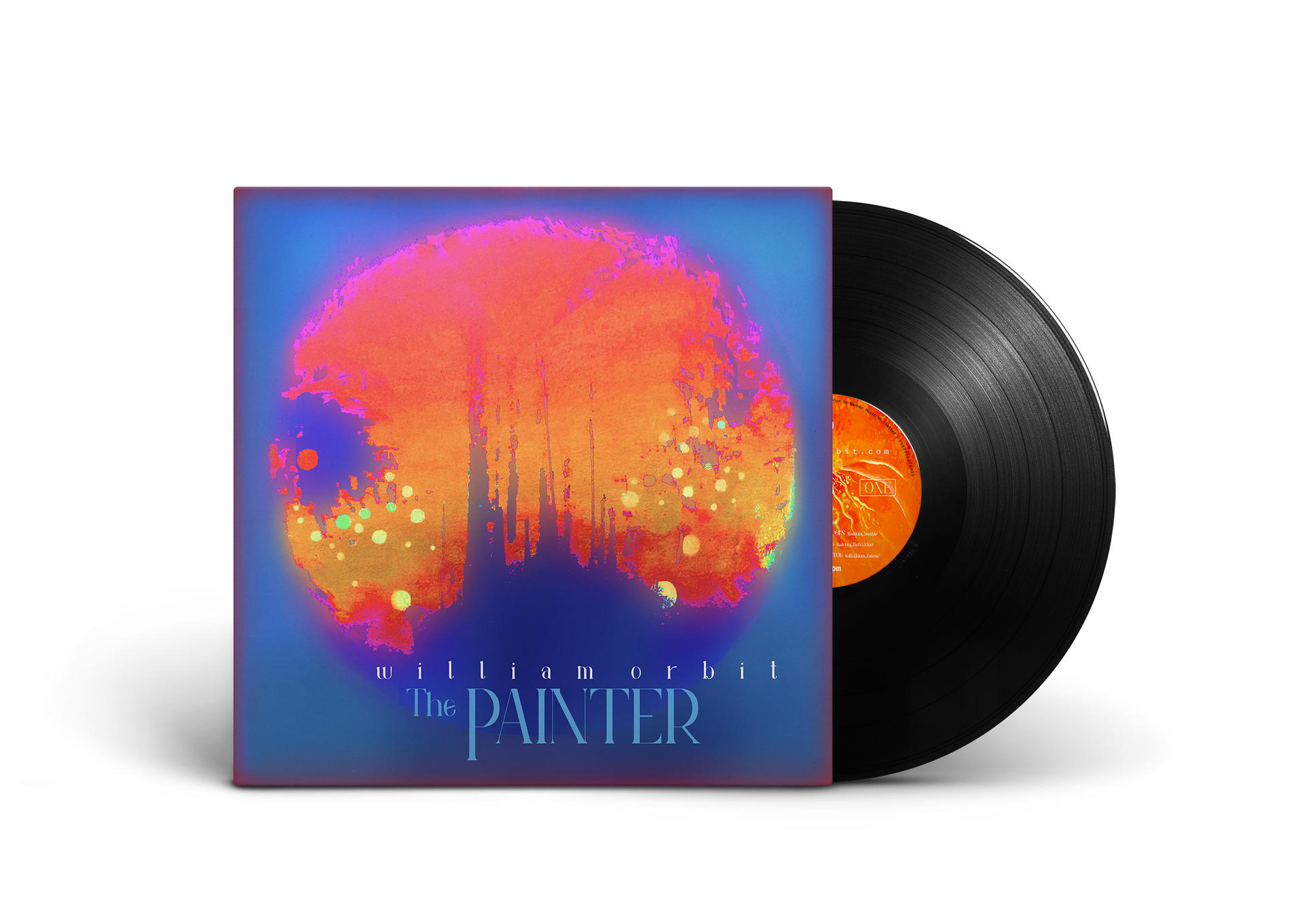 Albumcover mit Artwork und einer Vinyl-Schallplatte. Blaue und orangefarbene Farben dominieren das Cover.