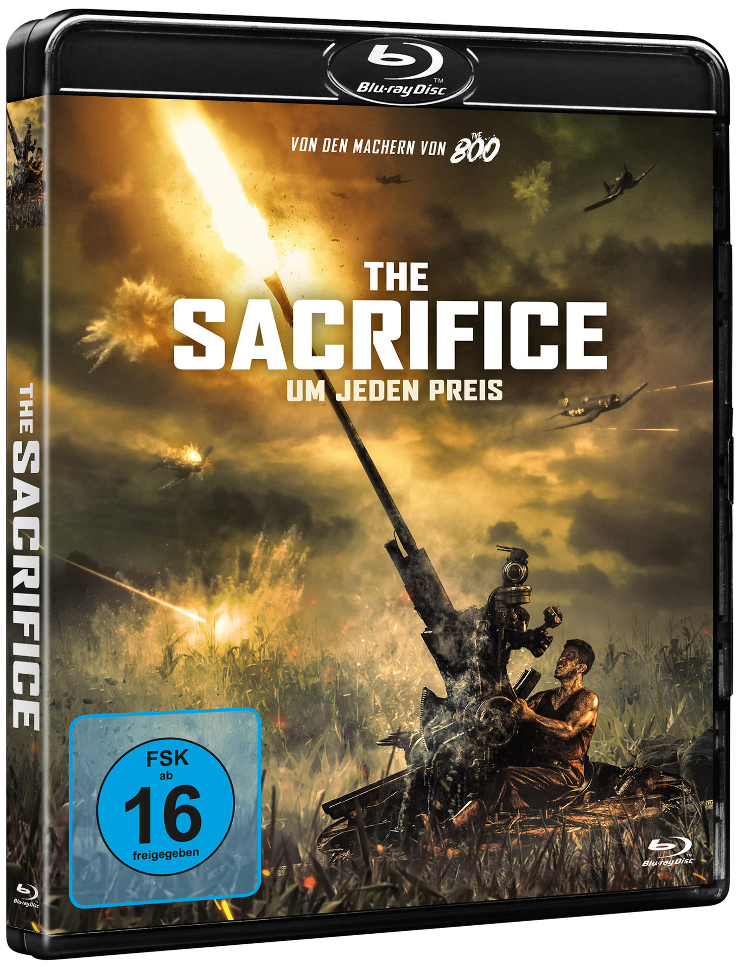 DVD-Cover des Films 'The Sacrifice', mit einer Kriegsszene mit Kanone und Explosionen.