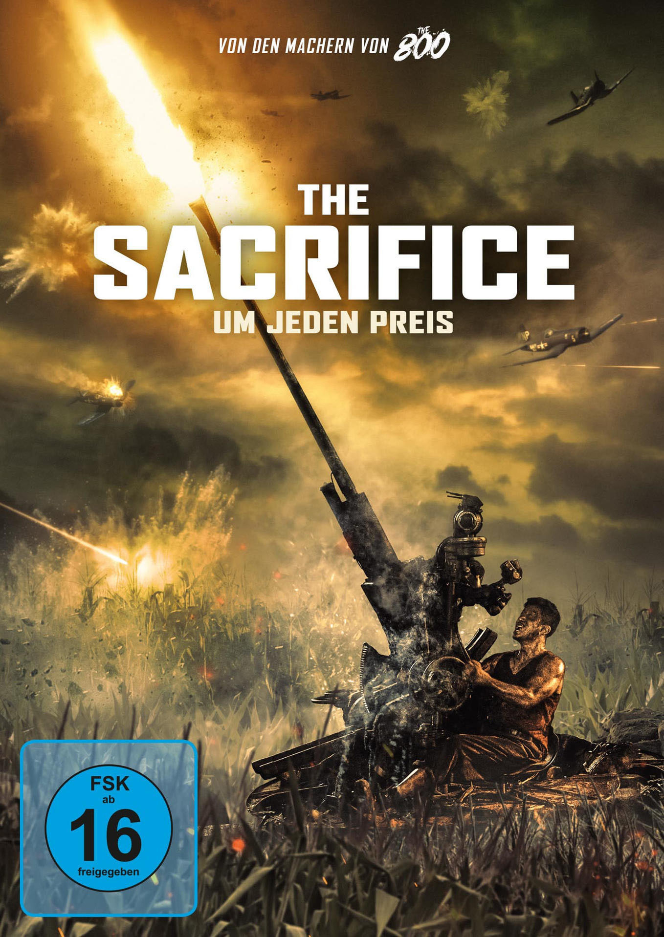 DVD-Cover, Kriegsszene, Artilleriefeuer, Himmel mit Flugzeugen.