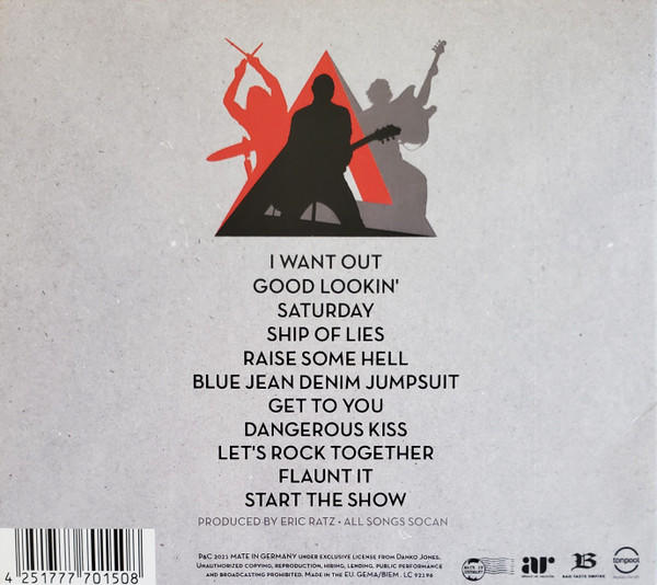 Rückseite eines Musikalbumcovers mit Songtiteln, Bandsilhouetten und Branding-Elementen.