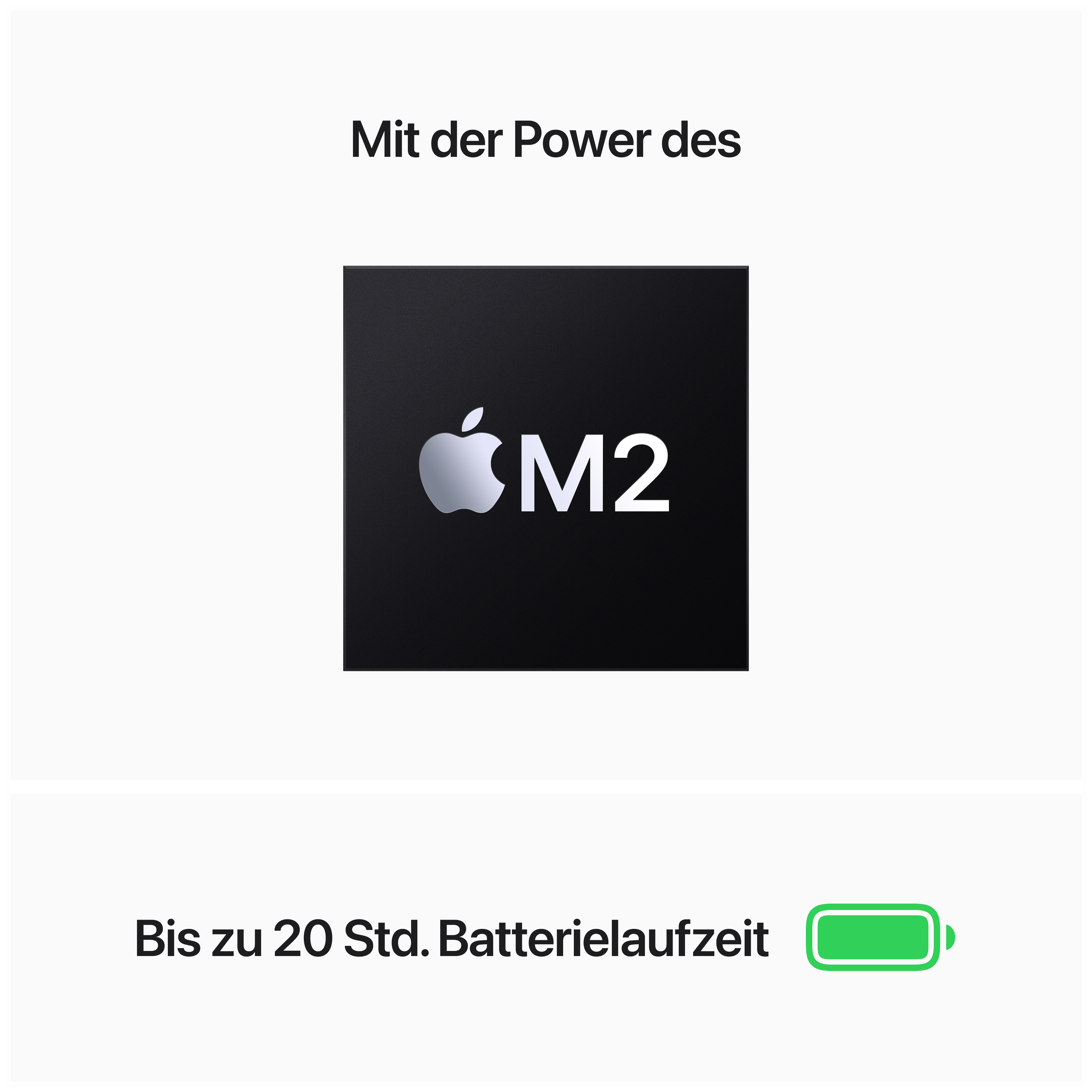 Ein schwarzes Quadrat mit einem silbernen M2-Logo. Text: 'Mit der Power des' und 'Bis zu 20 Std. Batterielaufzeit'.