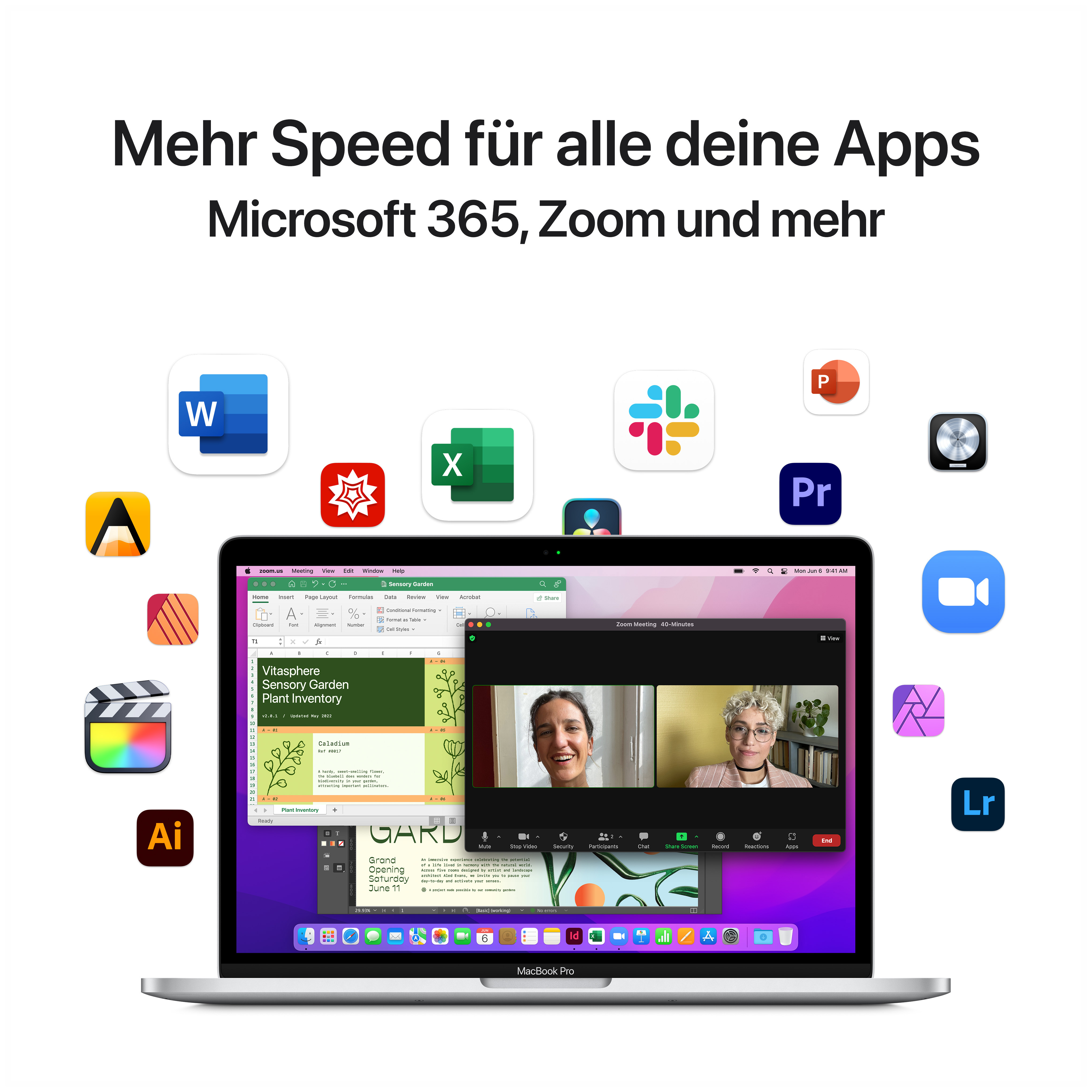 Ein Laptop zeigt einen Videoanruf und verschiedene App-Symbole an den Seiten. Text lautet 'Mehr Speed für...'