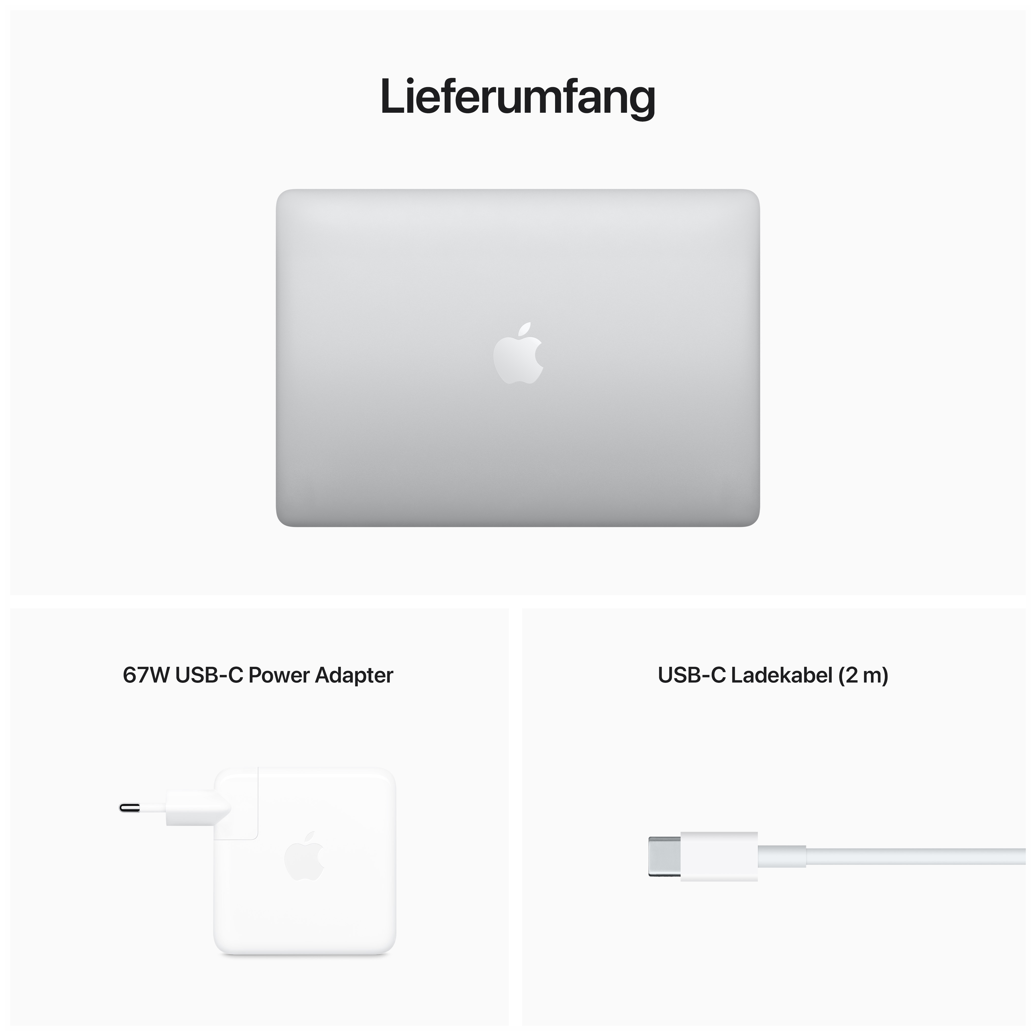 Ein Laptop mit Apple-Logo, ein Netzteil und ein Ladekabel auf weißem Hintergrund.