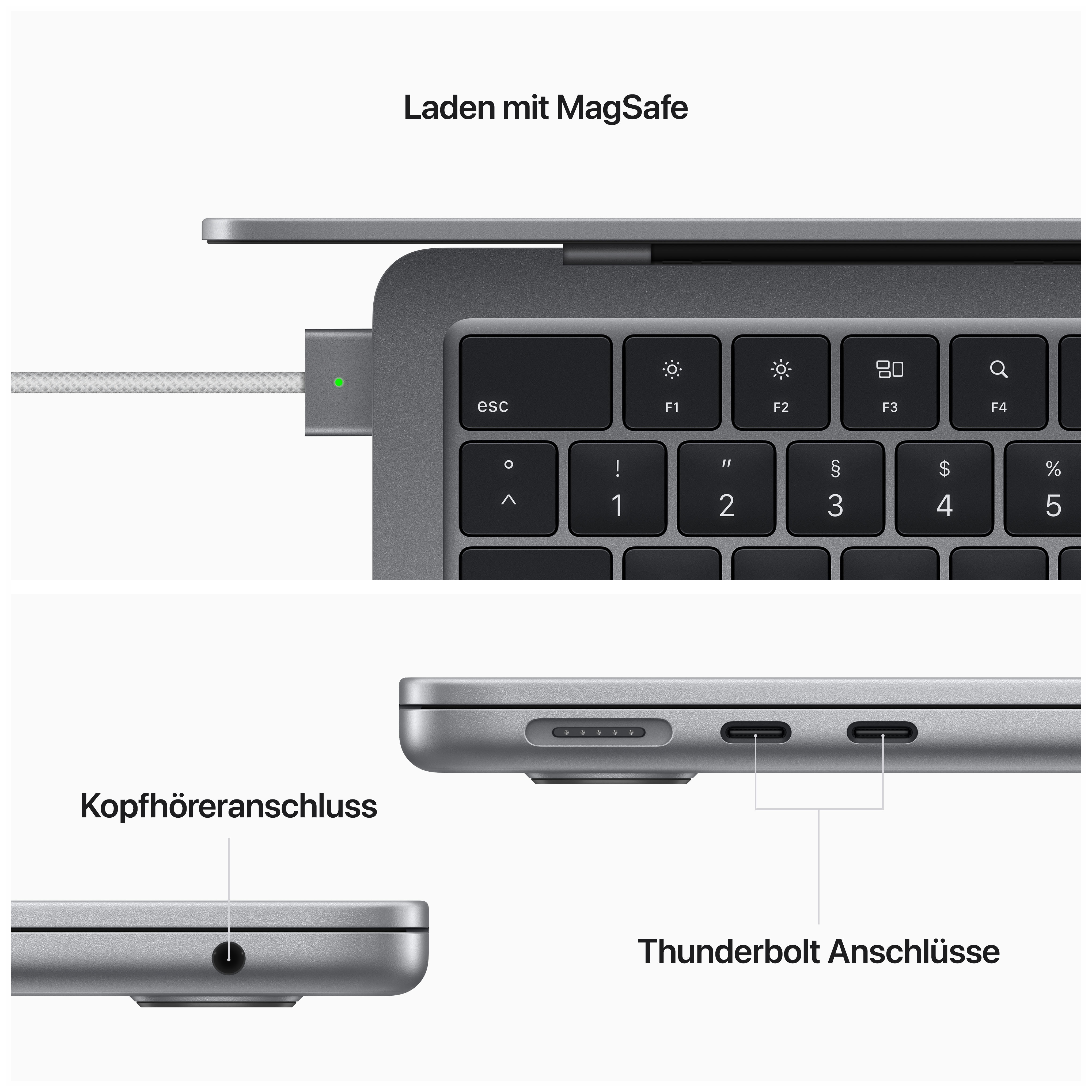Nahaufnahme eines Laptops, der den Ladeanschluss und Thunderbolt-Anschlüsse zeigt.
