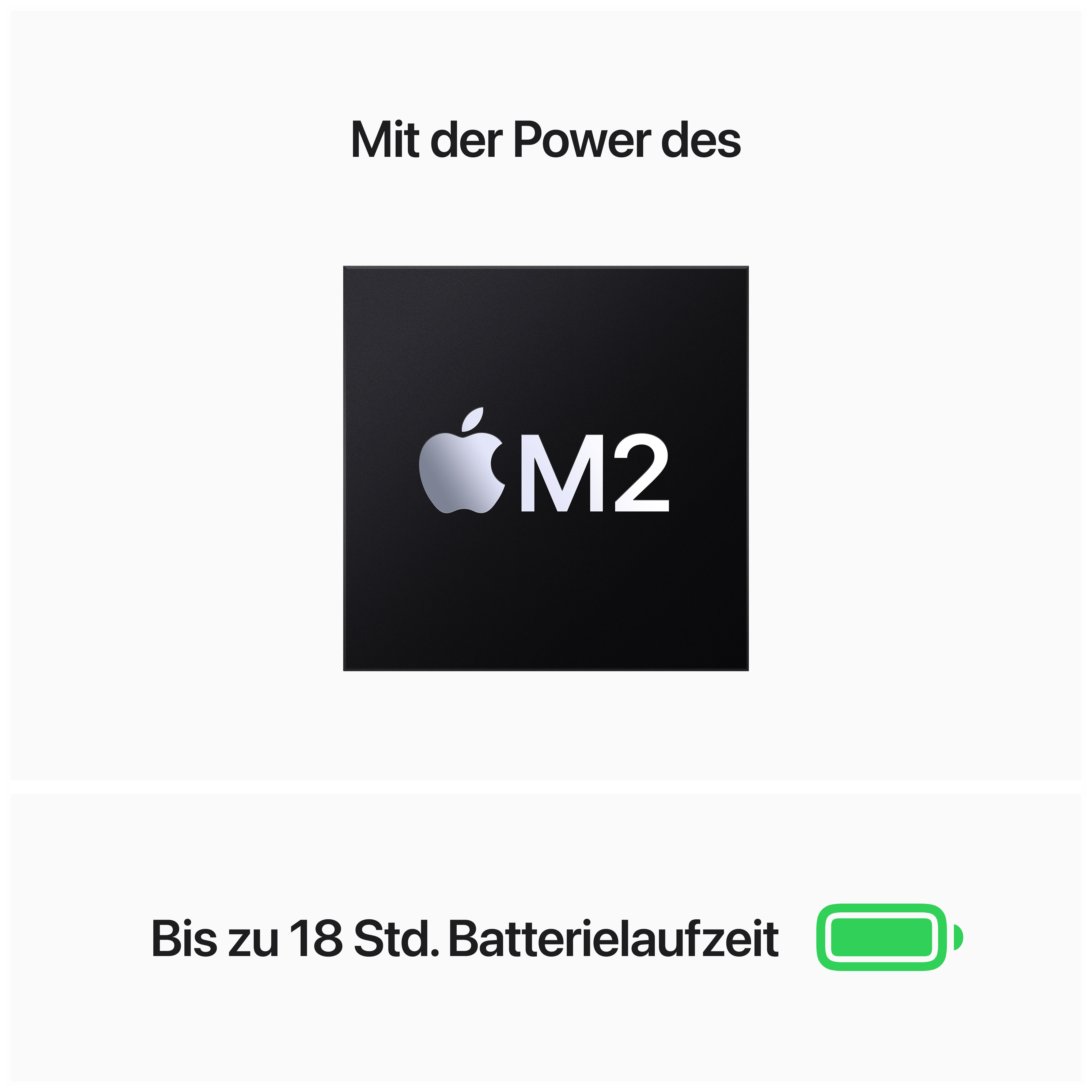 Apples M2 Chip auf schwarzem Hintergrund, mit Apple-Logo. Text zeigt bis zu 18 Stunden Akkulaufzeit.