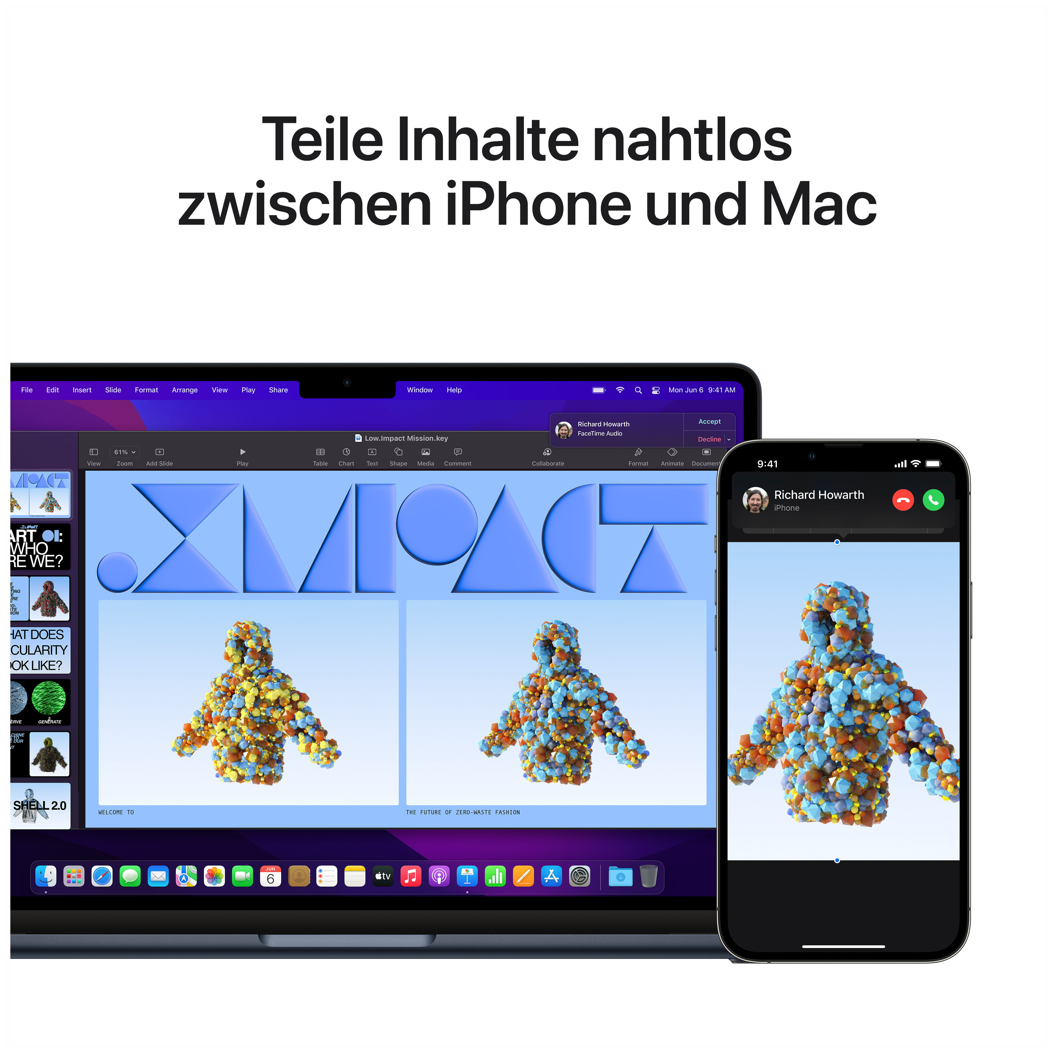 Laptop und iPhone zeigen dasselbe Bild. Text oben: Inhalte nahtlos teilen.