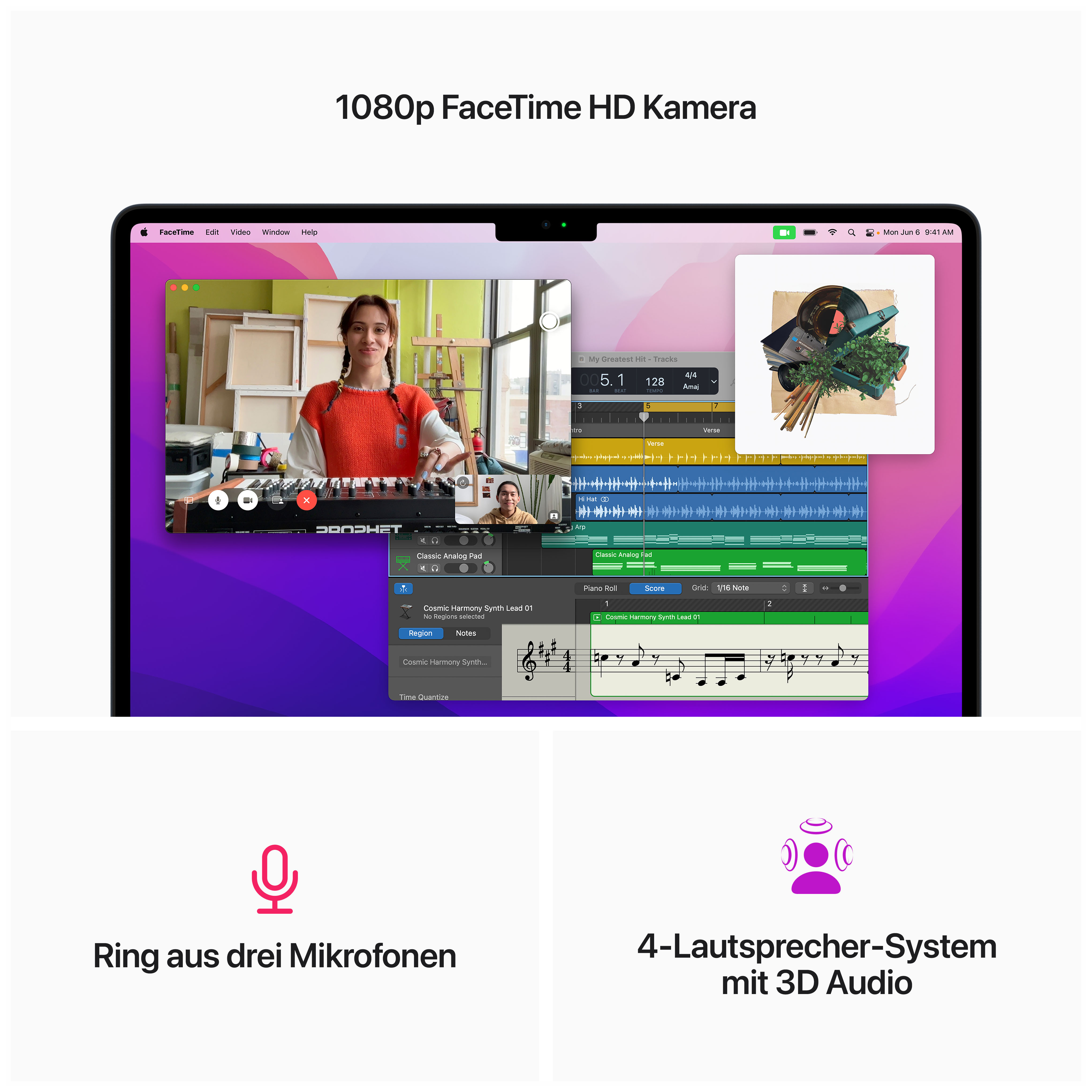 Laptop-Bildschirm zeigt Videoanruf und Musikbearbeitungssoftware. Mikrofone und Lautsprecher sind ebenfalls angezeigt.