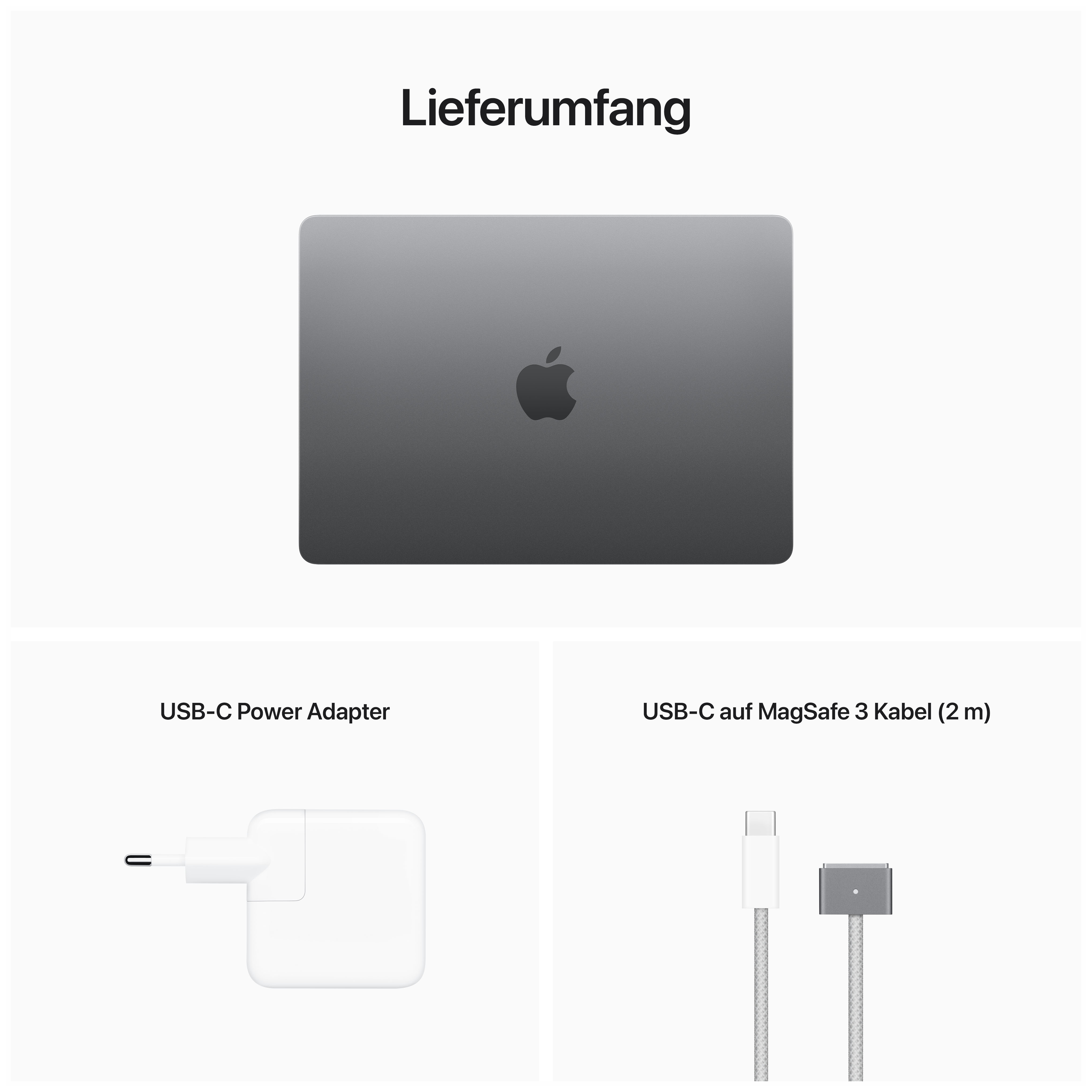 Apple Laptop, Ladegerät und Kabel. Draufsicht auf Laptop mit Apple-Logo. Weißer Hintergrund.