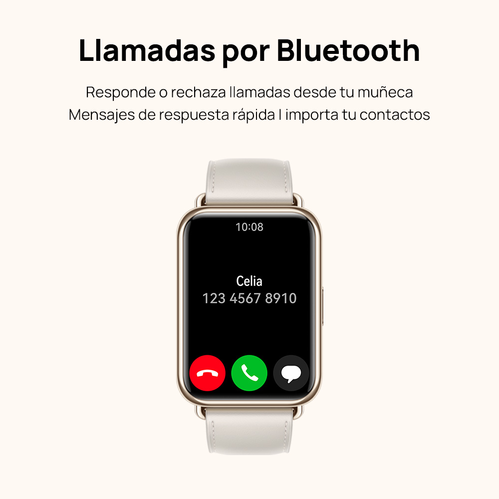 Smartwatch que muestra una llamada de Celia con opciones para aceptar o rechazar.
