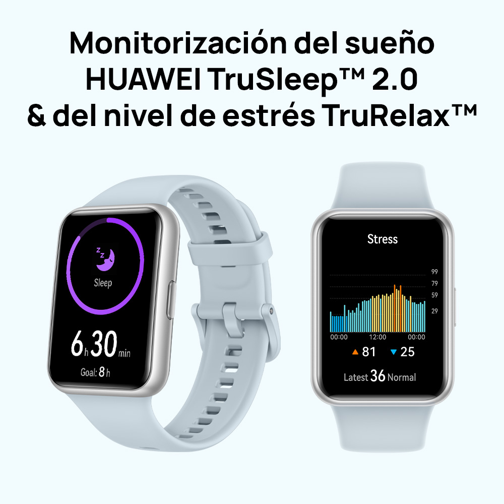Dos smartwatches mostrando datos de sueño y estrés. Uno muestra el tiempo de sueño, el otro los niveles de estrés.