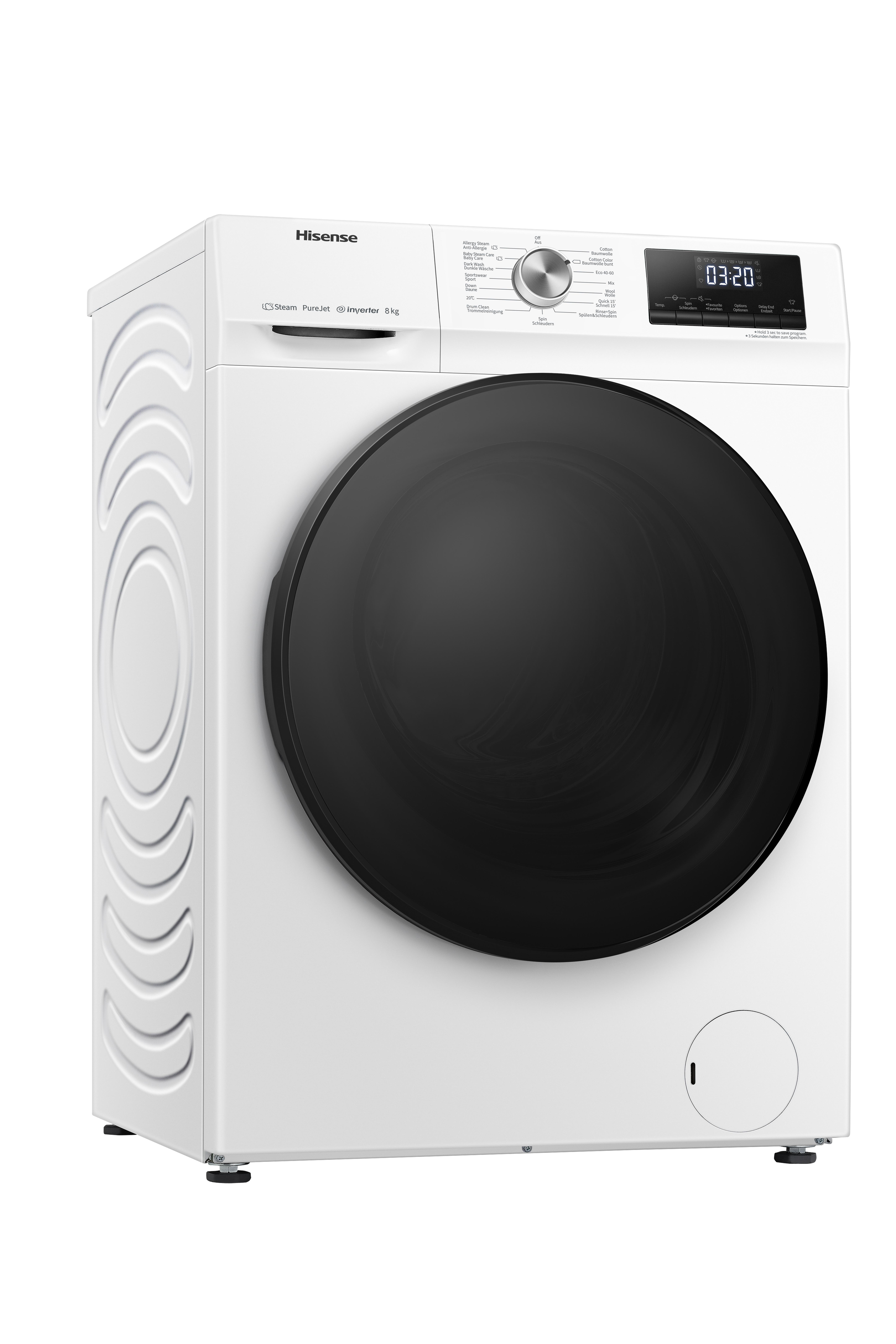 Weiße Waschmaschine mit schwarzer Tür, Digitalanzeige und Knöpfen, auf weißem Hintergrund.