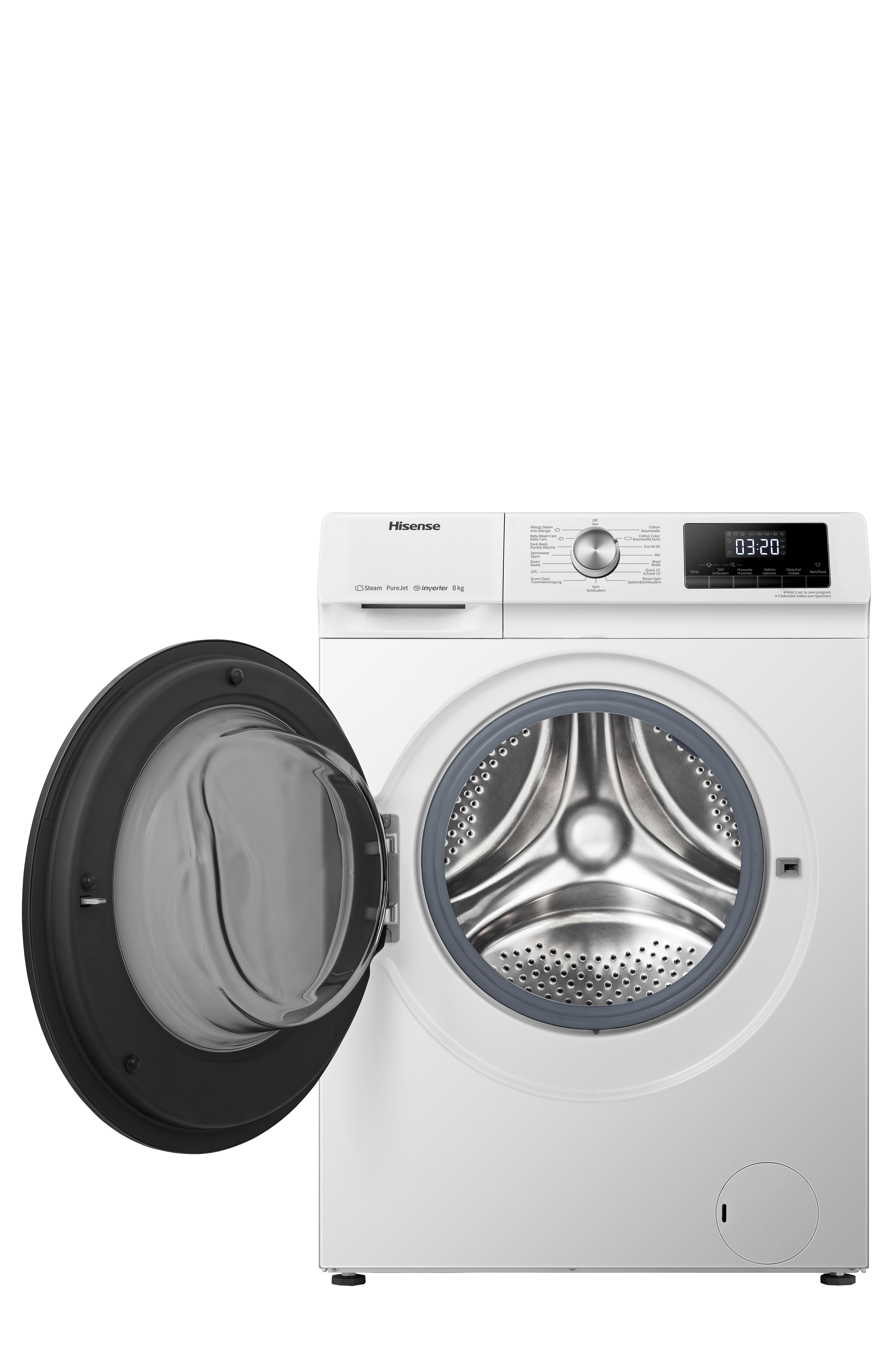 Weiße Waschmaschine, Tür offen, Trommel sichtbar. Weißer Hintergrund.