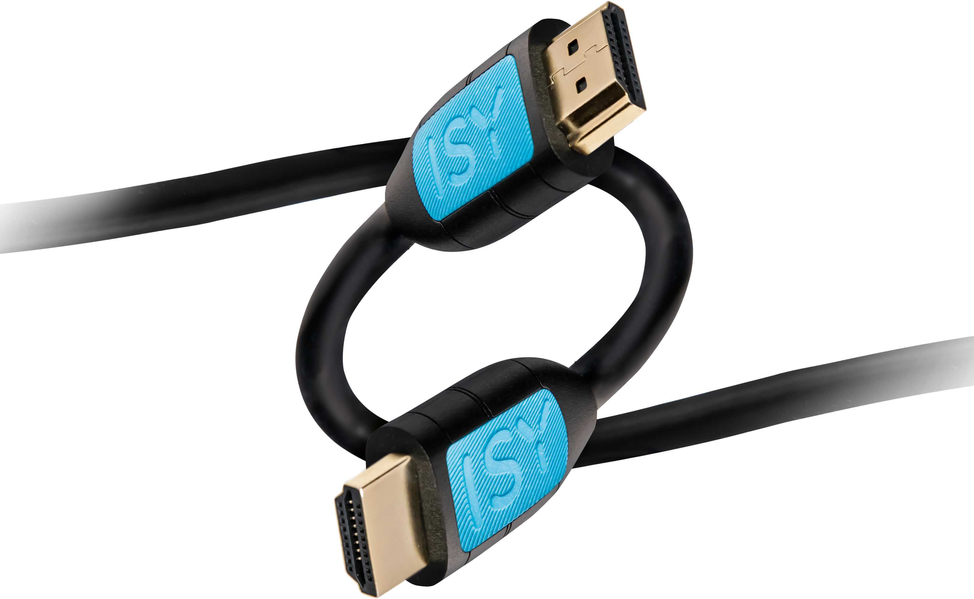 Un câble HDMI avec des connecteurs dorés, un câble noir et une étiquette de connecteur bleue.
