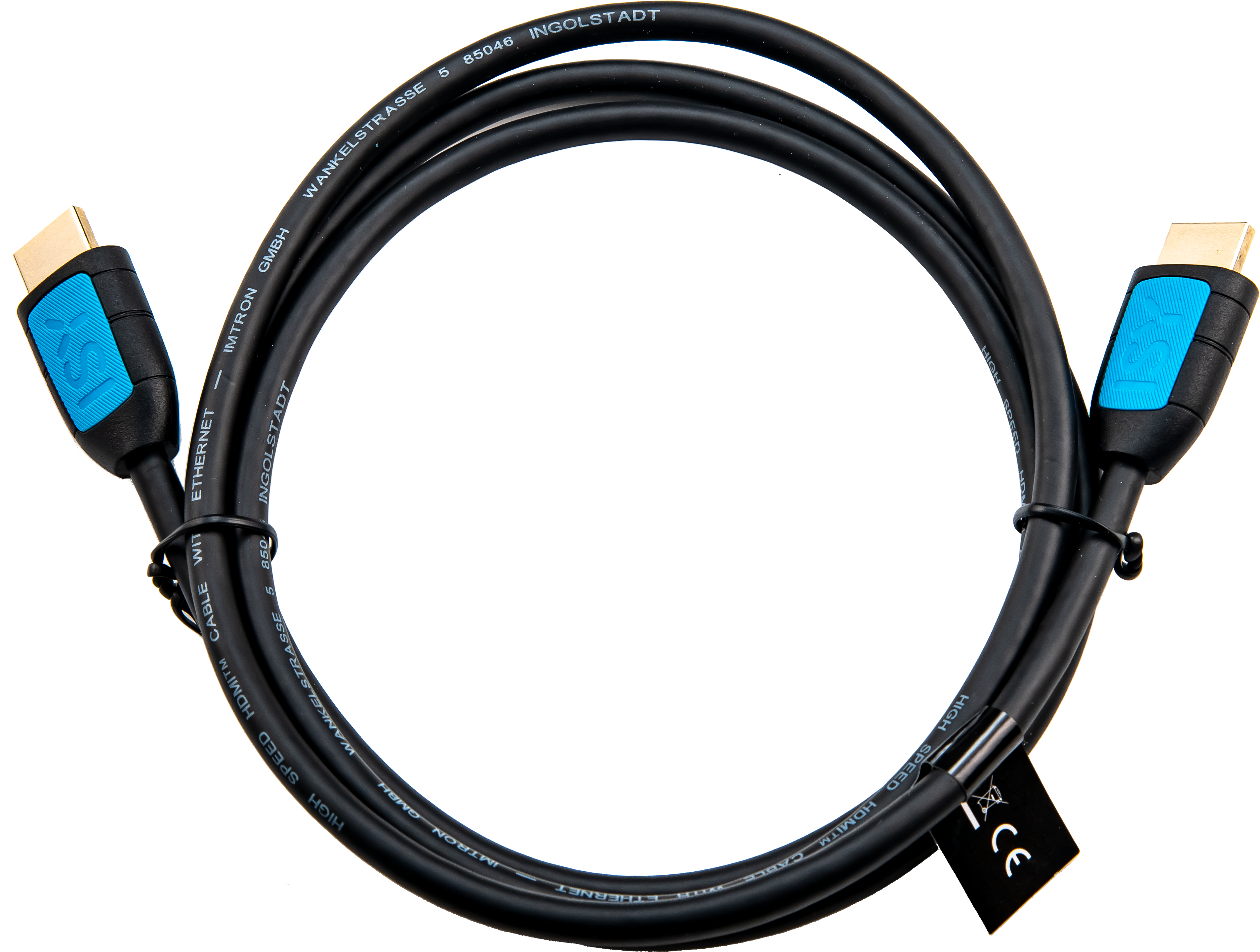 Un câble HDMI noir avec des accents bleus et des connecteurs dorés.
