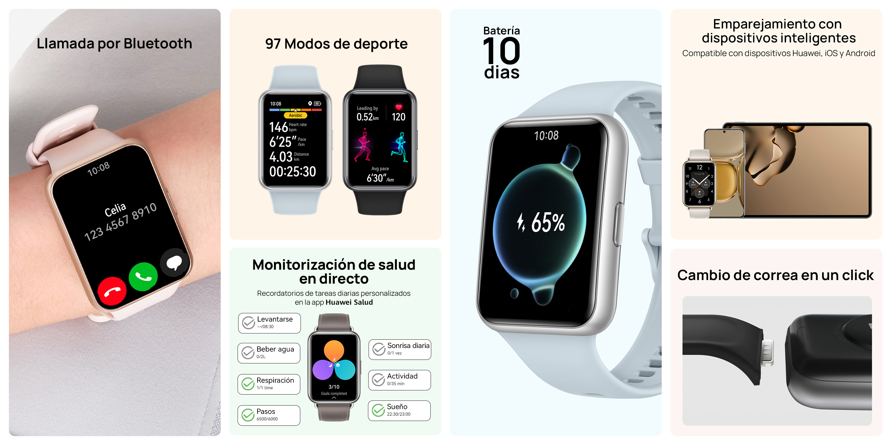 Pantalla de un smartwatch mostrando funciones como llamadas Bluetooth, modos deportivos y detalles de salud.