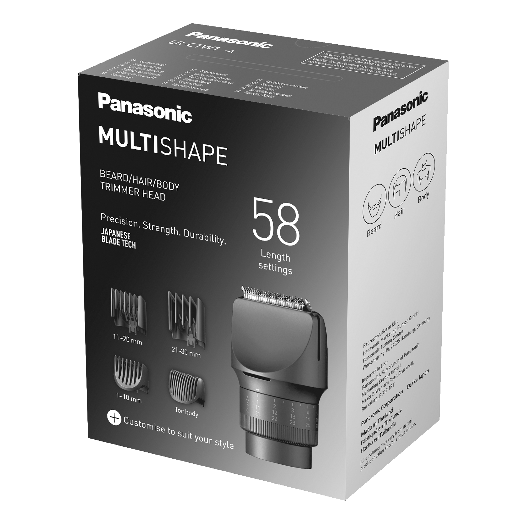 Panasonic MultiShape Bart- und Körpertrimmerkopf, mit Einstellungen und Aufsätzen.