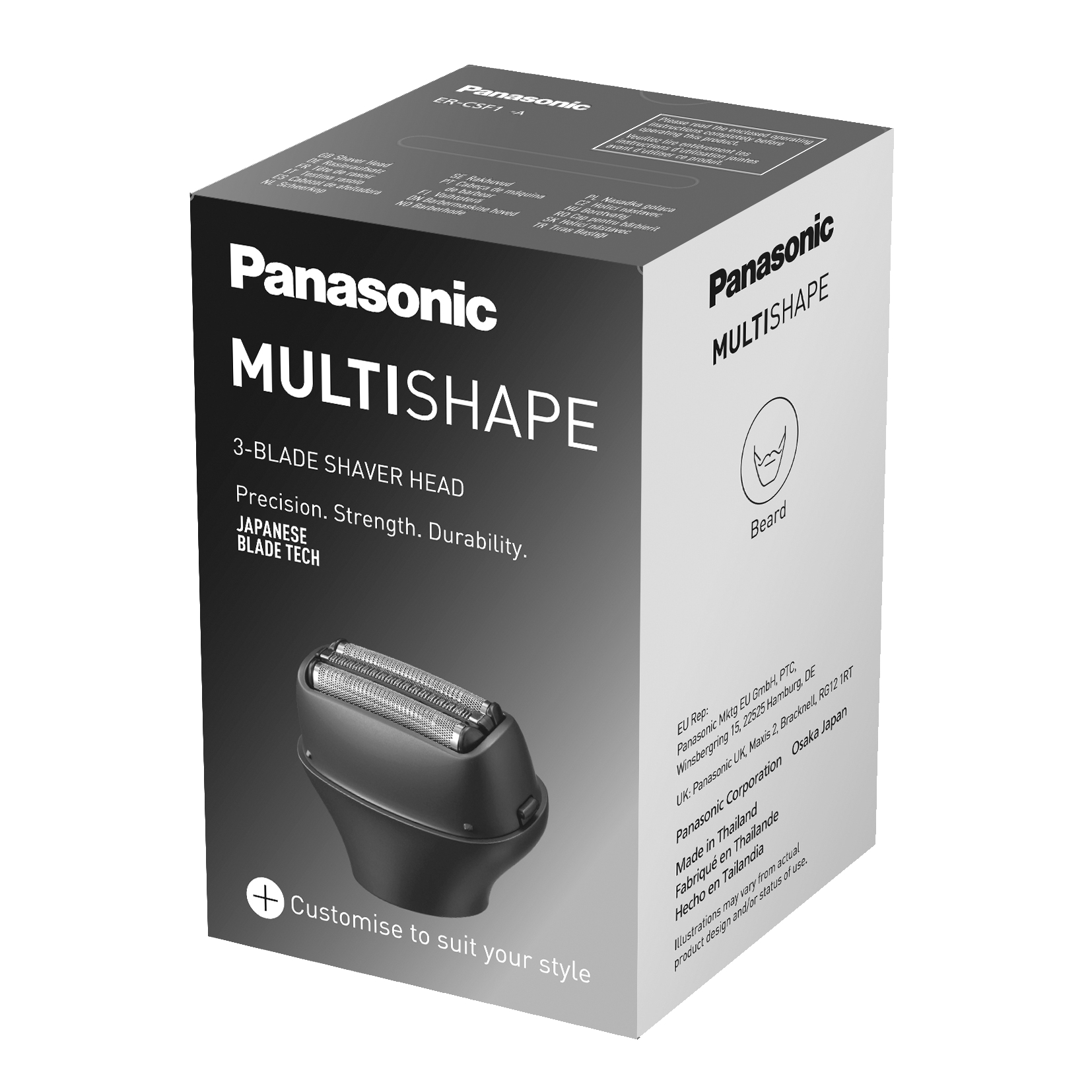 Panasonic MultiShape-Box mit einem 3-Klingen-Rasiererkopf und Text.