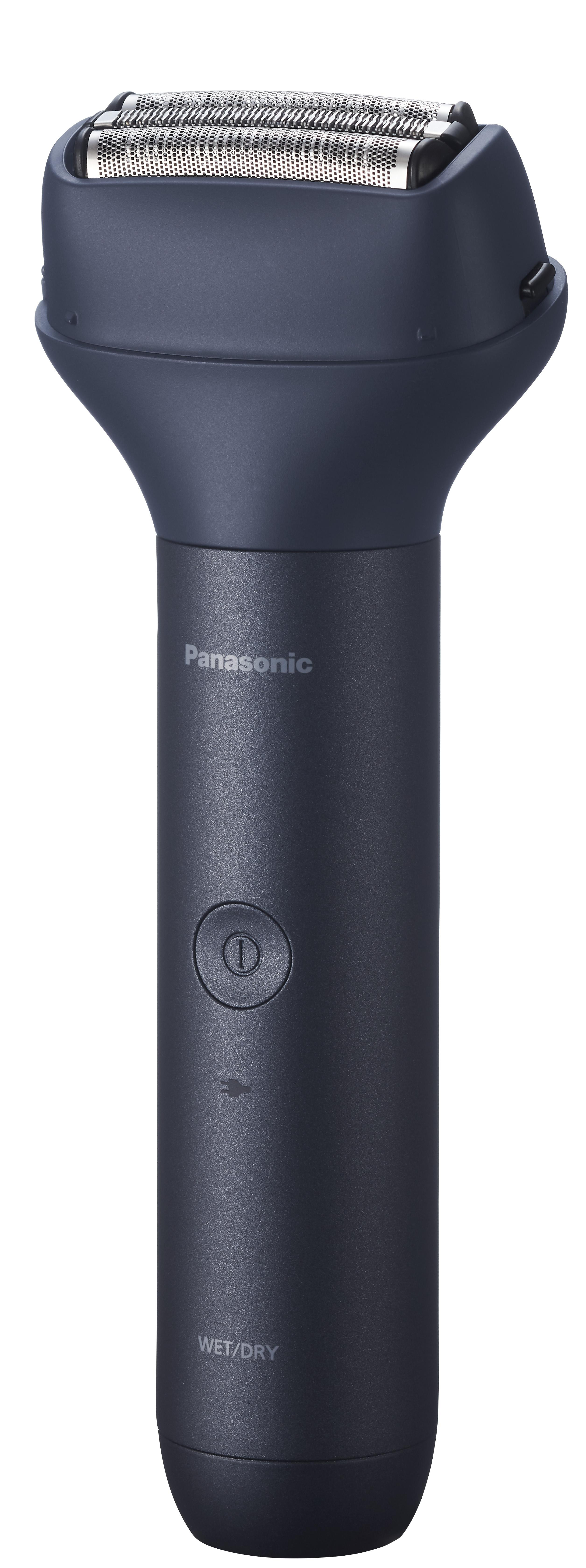 Ein dunkelblauer elektrischer Rasierer von Panasonic. Der Rasierer hat einen Ein-/Ausschalter und die Worte Wet/Dry.