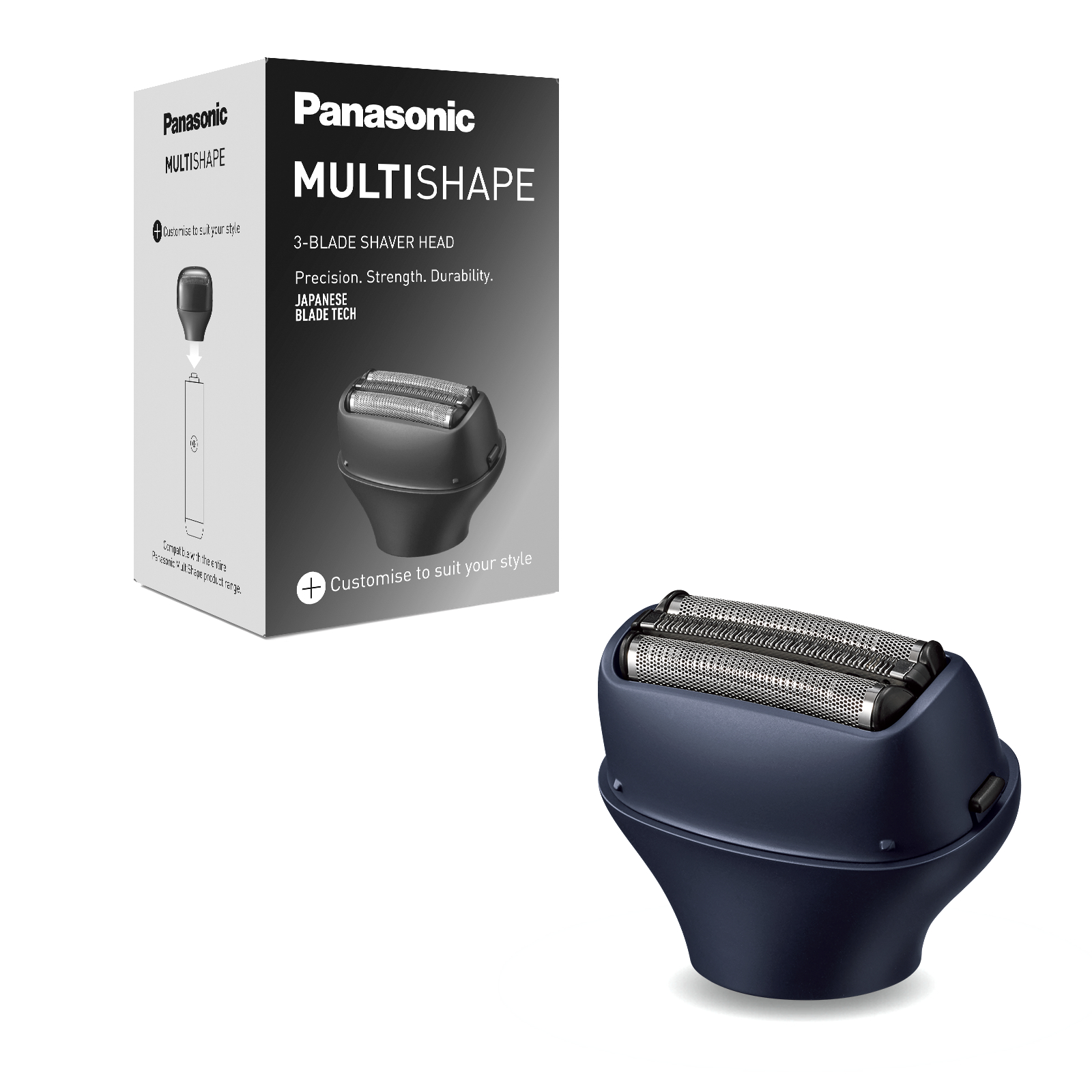 Panasonic MultiShape 3-Klingen-Rasiererkopf und Box mit Details.