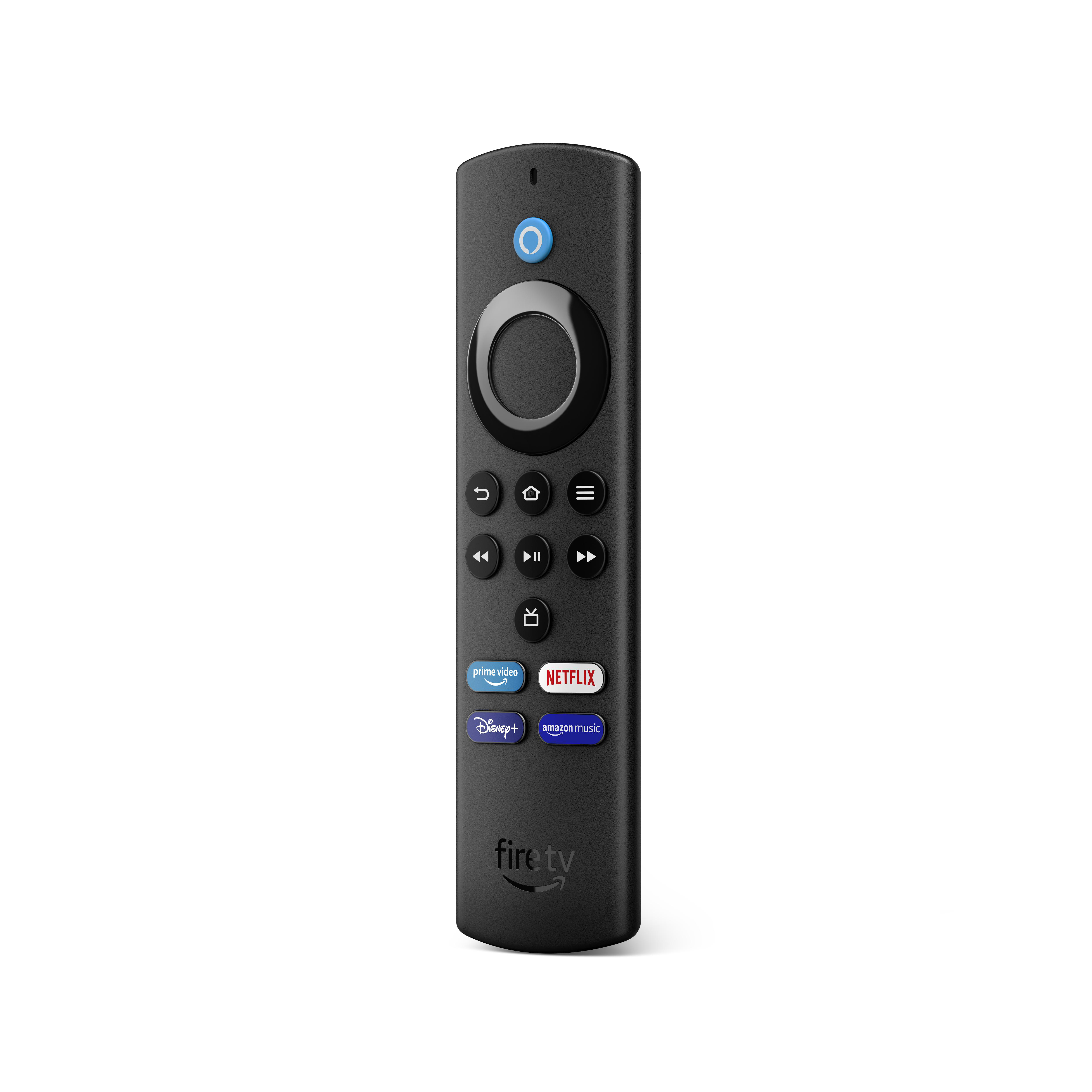 Schwarze Fire TV-Fernbedienung mit blauer Taste, kreisförmigem Bedienelement und App-Verknüpfungen.